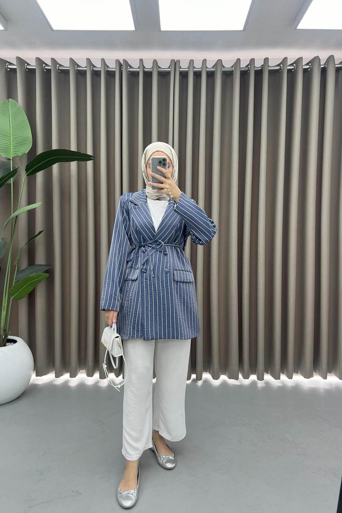 Çizgili Parlak Blazer Ceket Lacivert