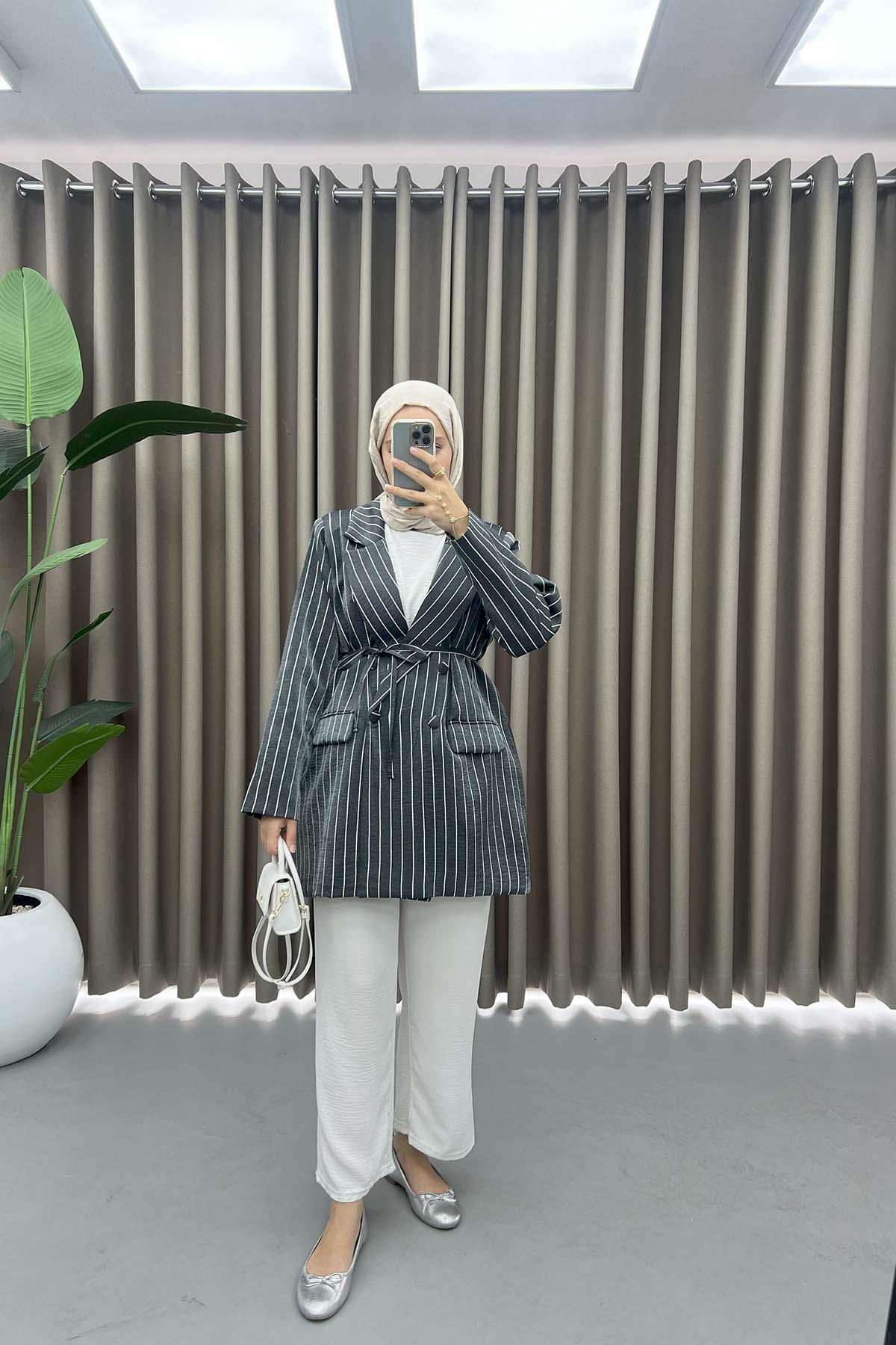 Çizgili Parlak Blazer Ceket Siyah
