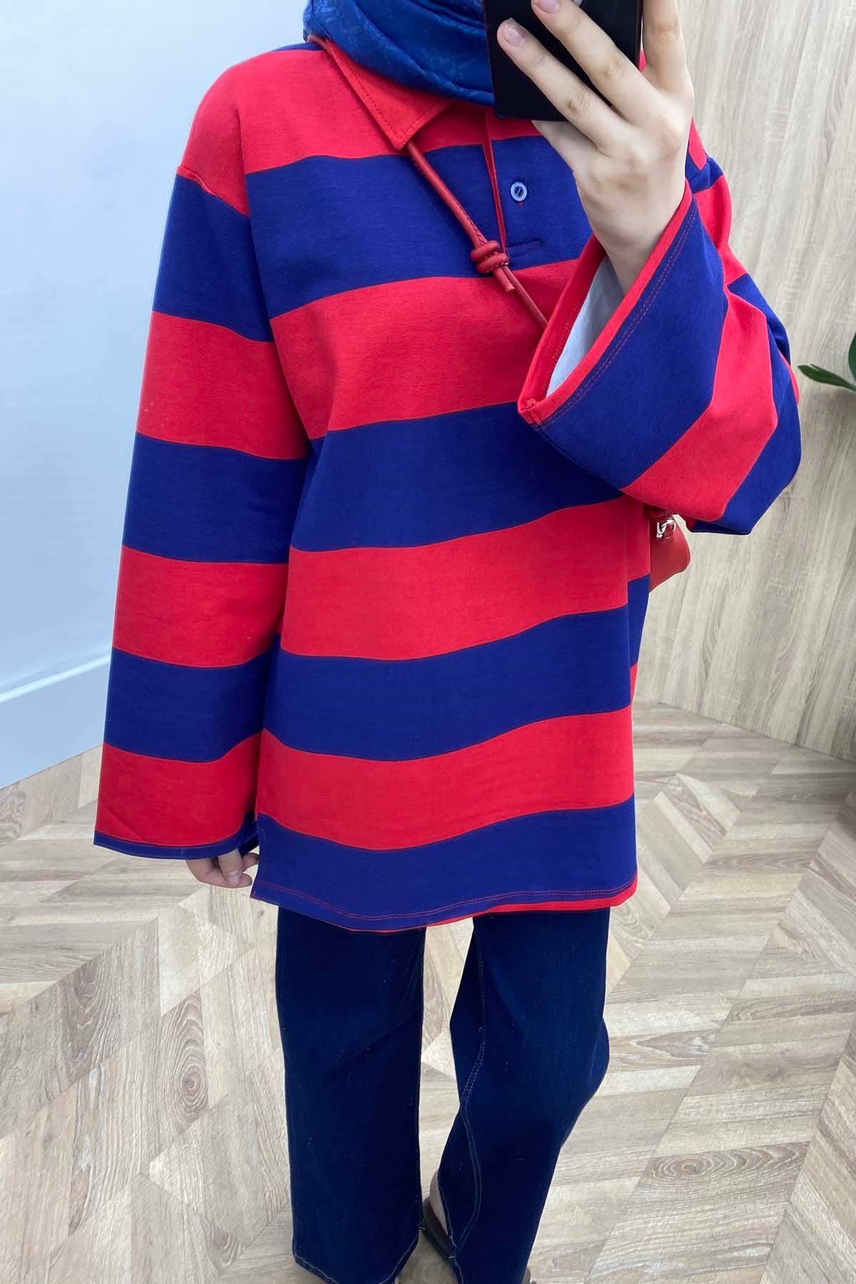 Çizgili Polo Yaka Düğmeli Sweatshirt Lacivert