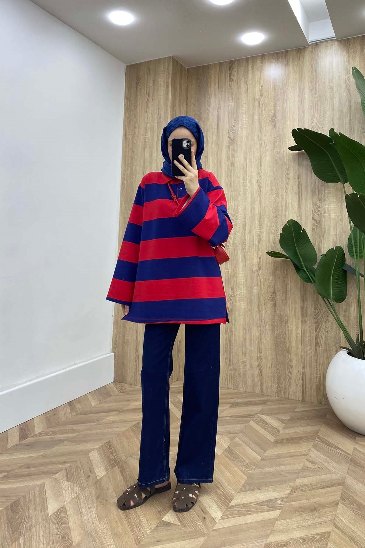 Çizgili Polo Yaka Düğmeli Sweatshirt Lacivert