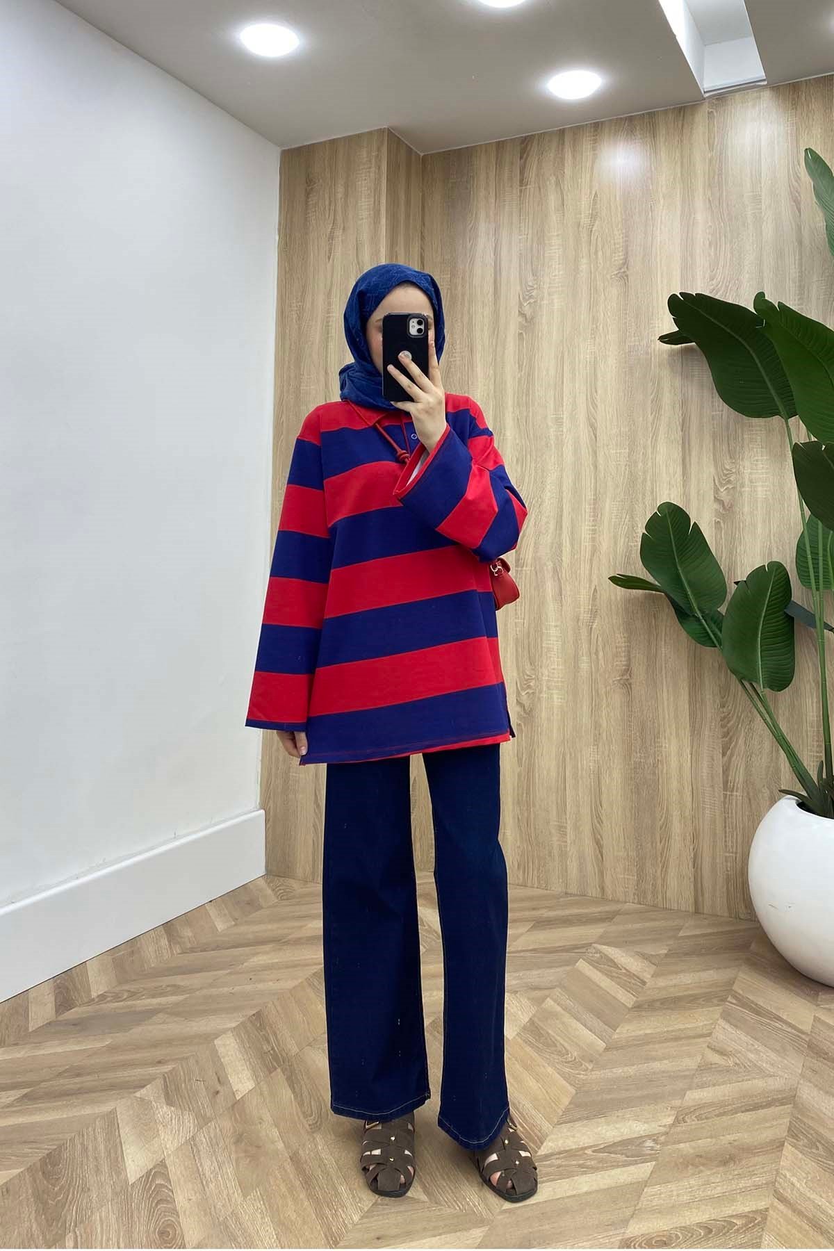 Çizgili Polo Yaka Düğmeli Sweatshirt Lacivert