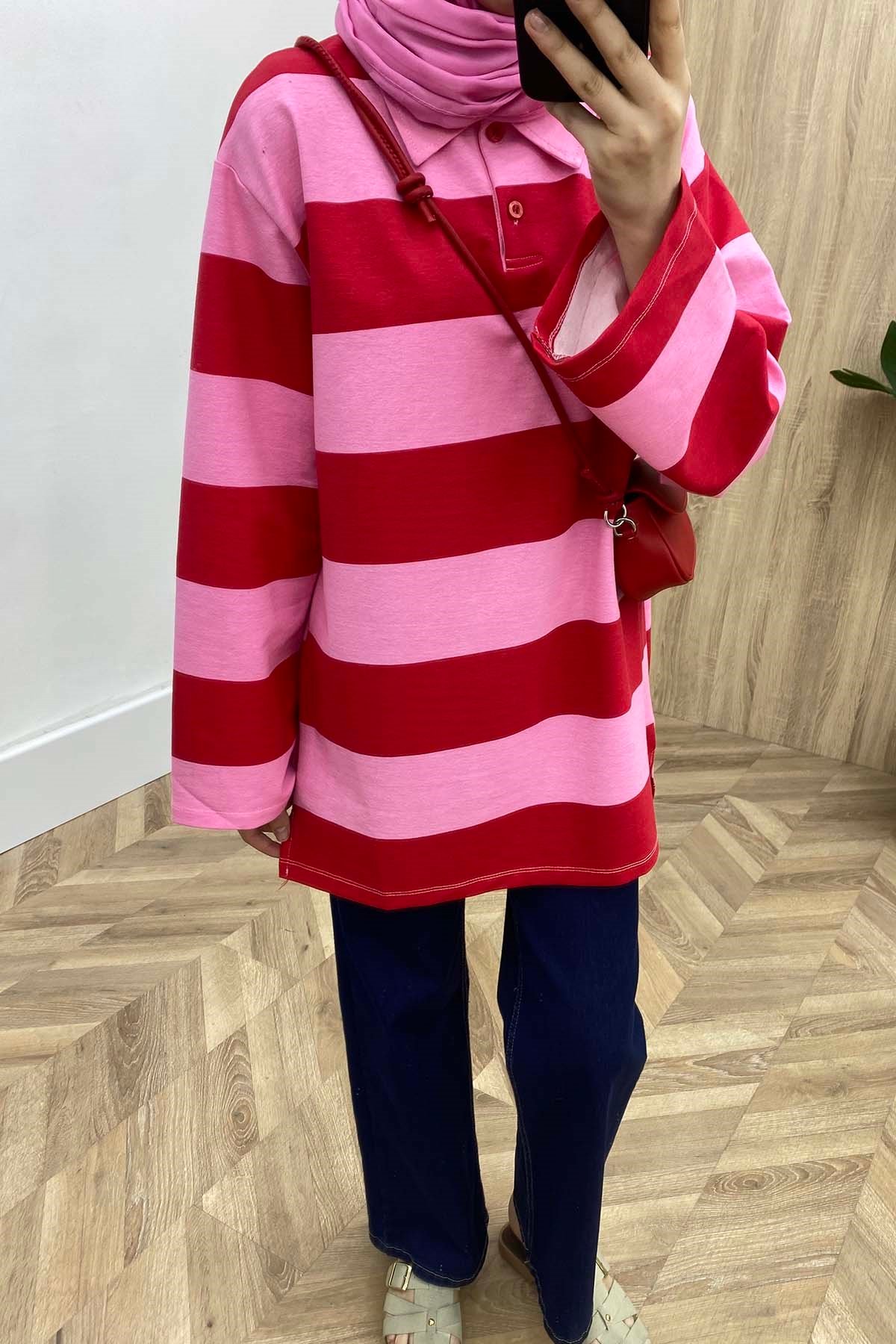 Çizgili Polo Yaka Düğmeli Sweatshirt Pembe