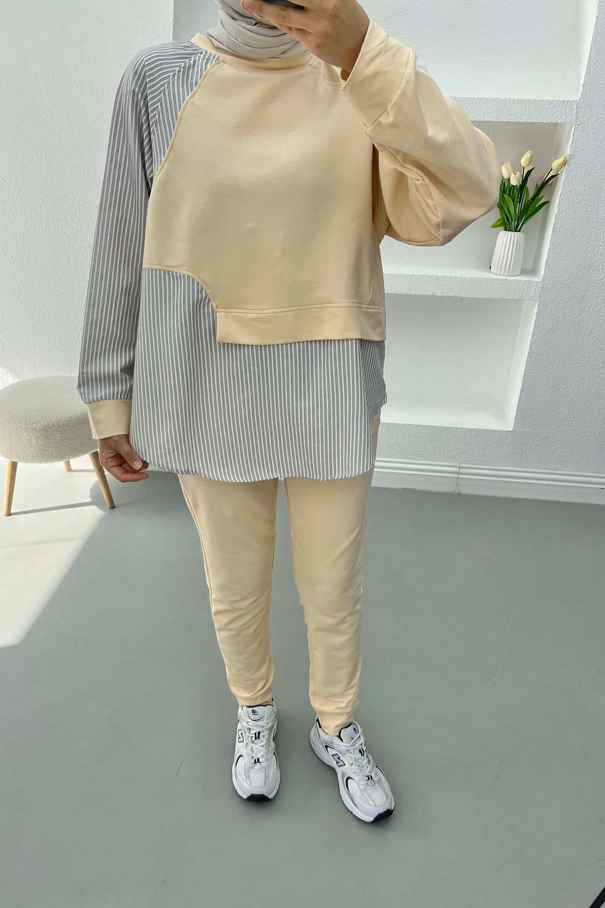 Çizgili Sweat Takım Bej