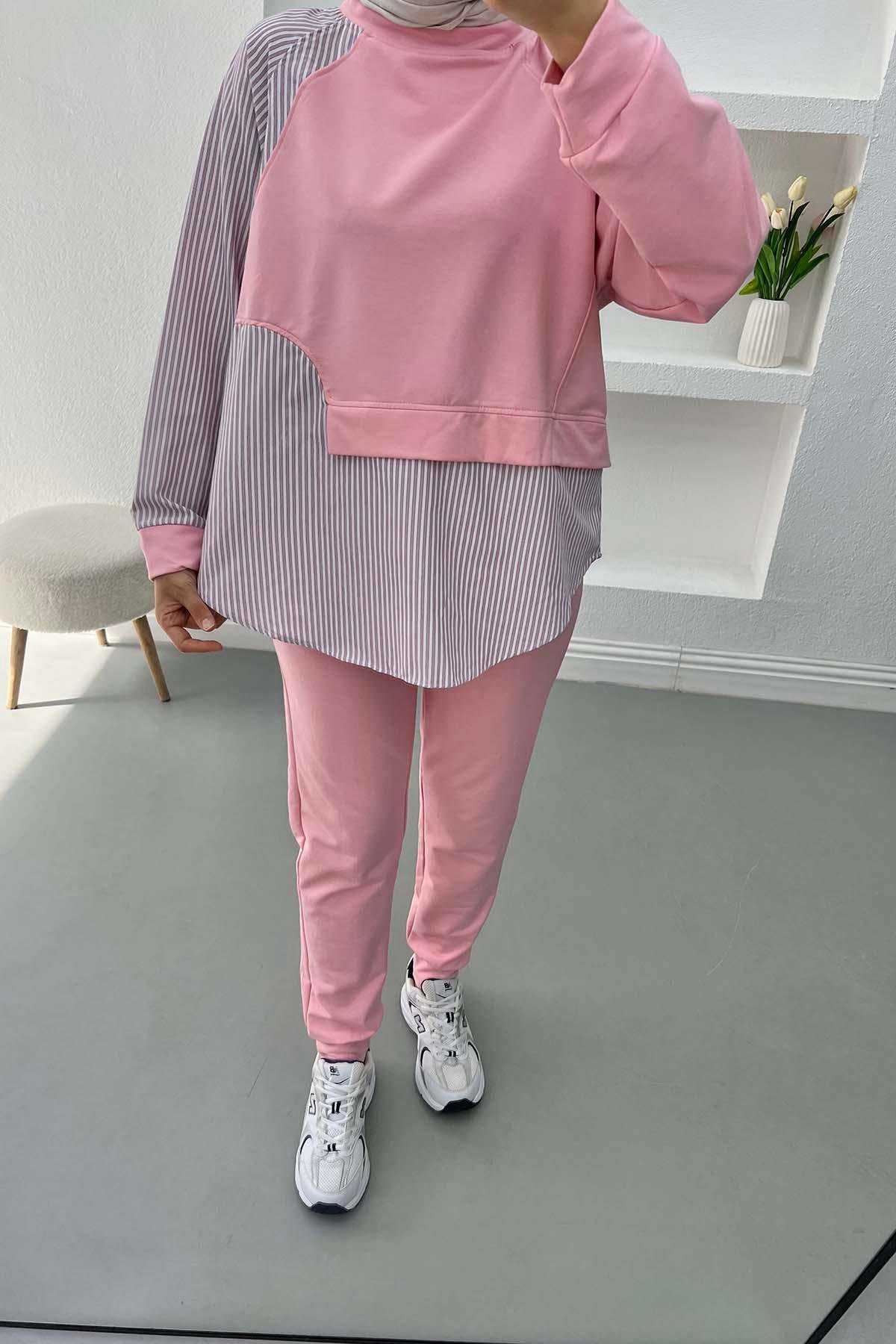 Çizgili Sweat Takım Pembe
