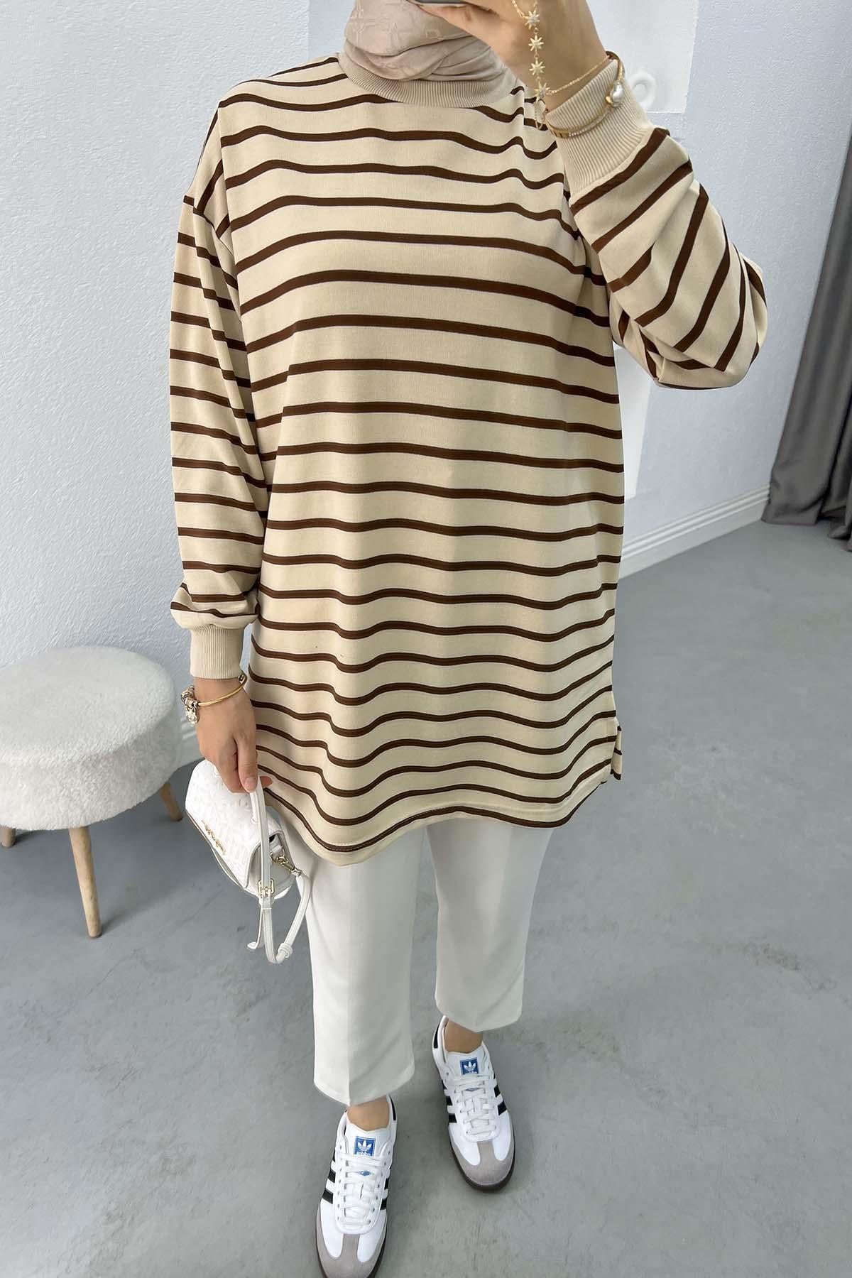 Çizgili Sweatshirt Acı Kahve