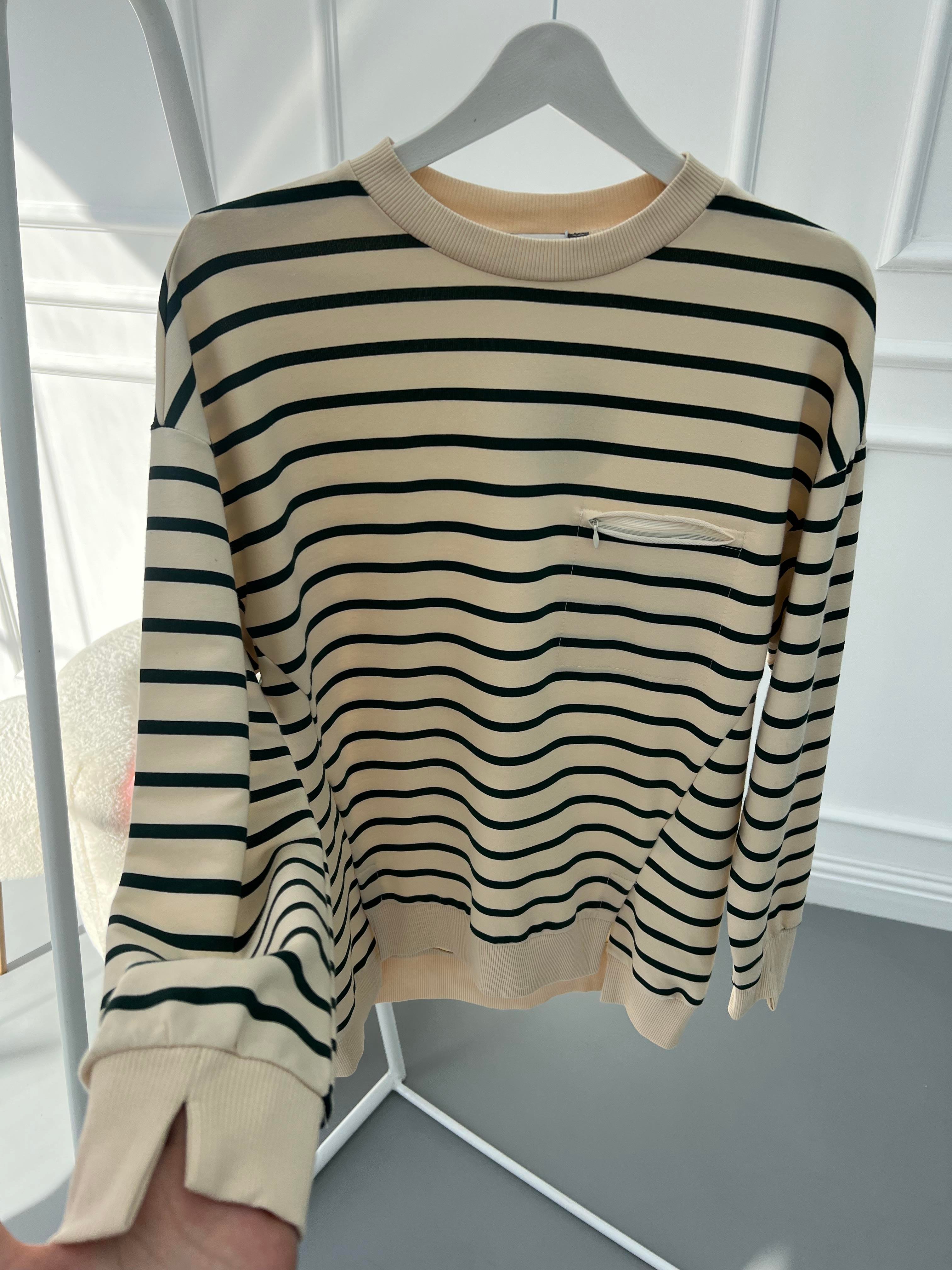 Çizgili Sweatshirt Bej-Yeşil