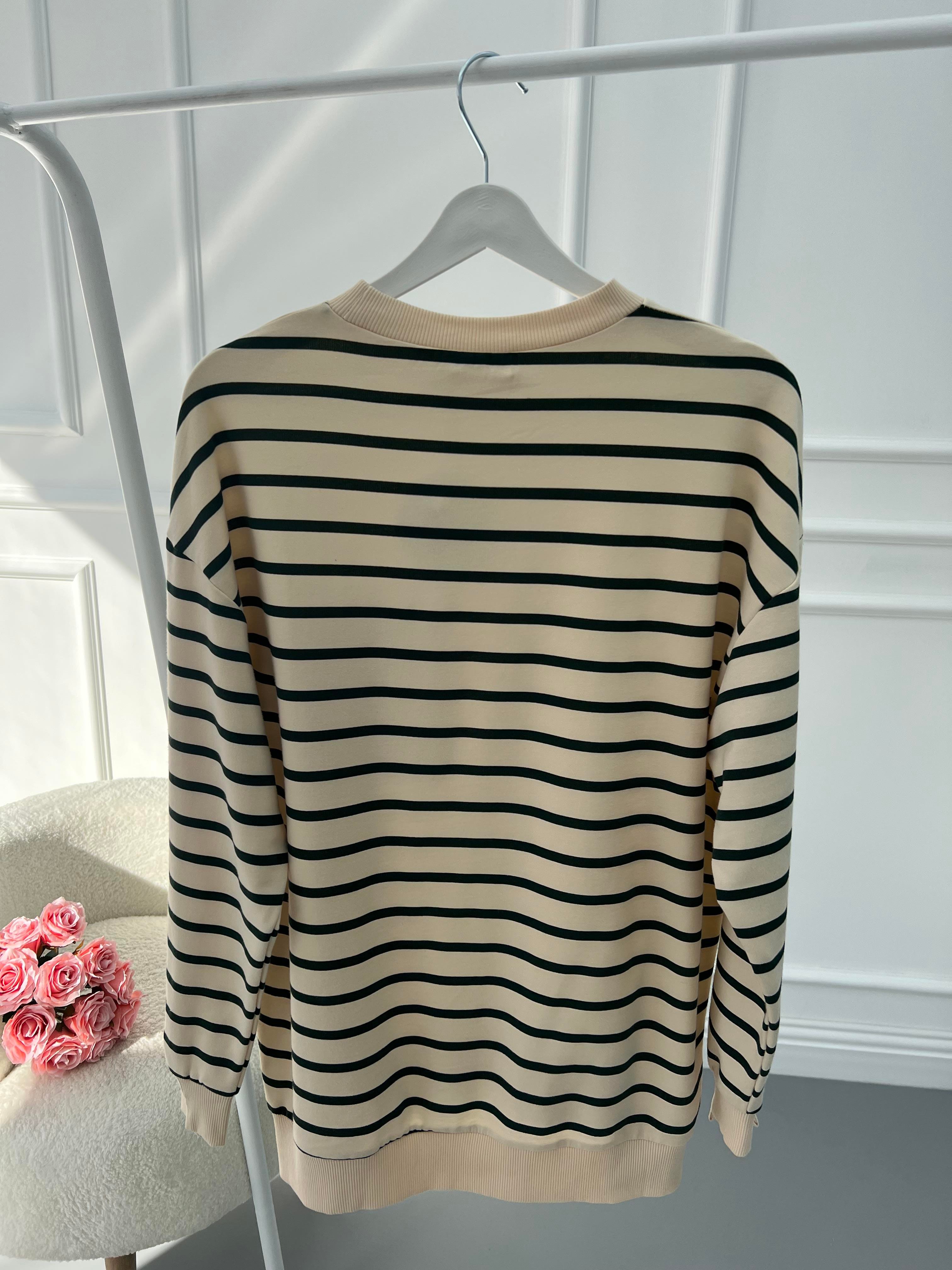 Çizgili Sweatshirt Bej-Yeşil