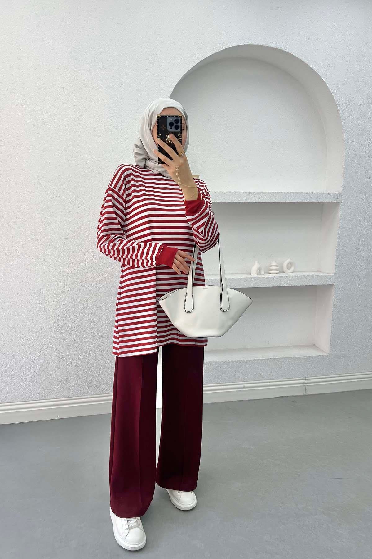 Çizgili Sweatshirt Bordo