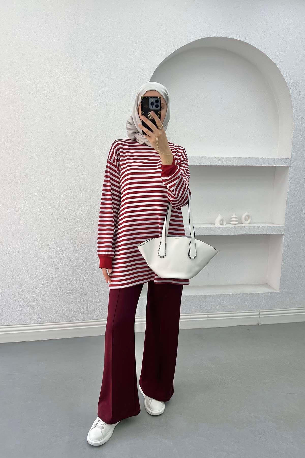 Çizgili Sweatshirt Bordo