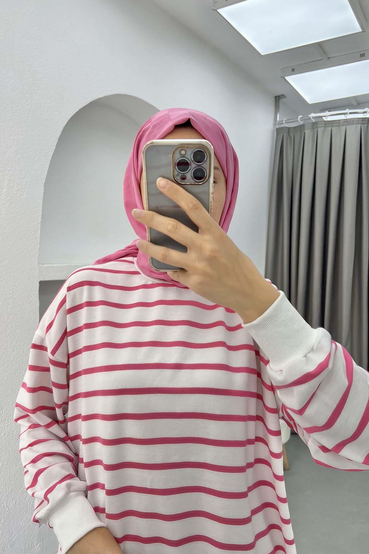 Çizgili Sweatshirt Fuşya