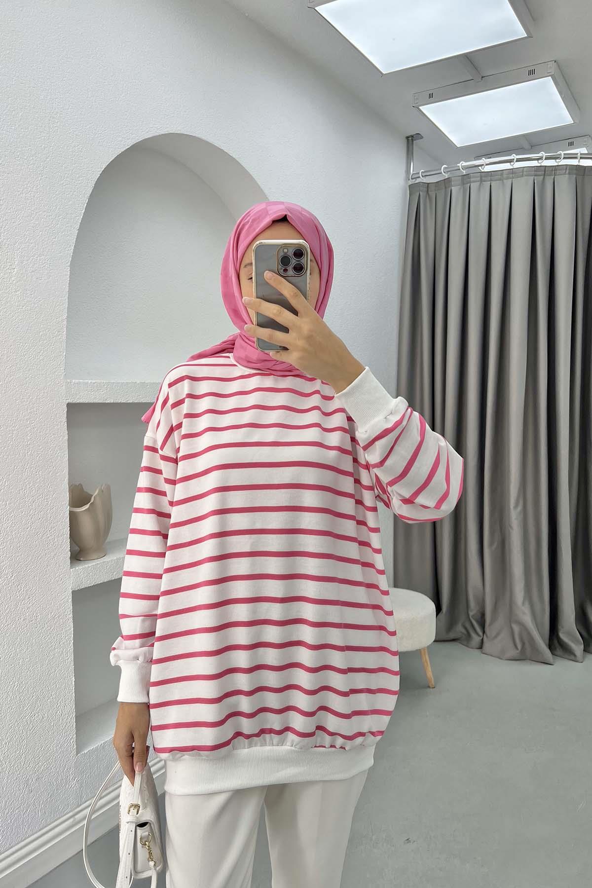 Çizgili Sweatshirt Fuşya