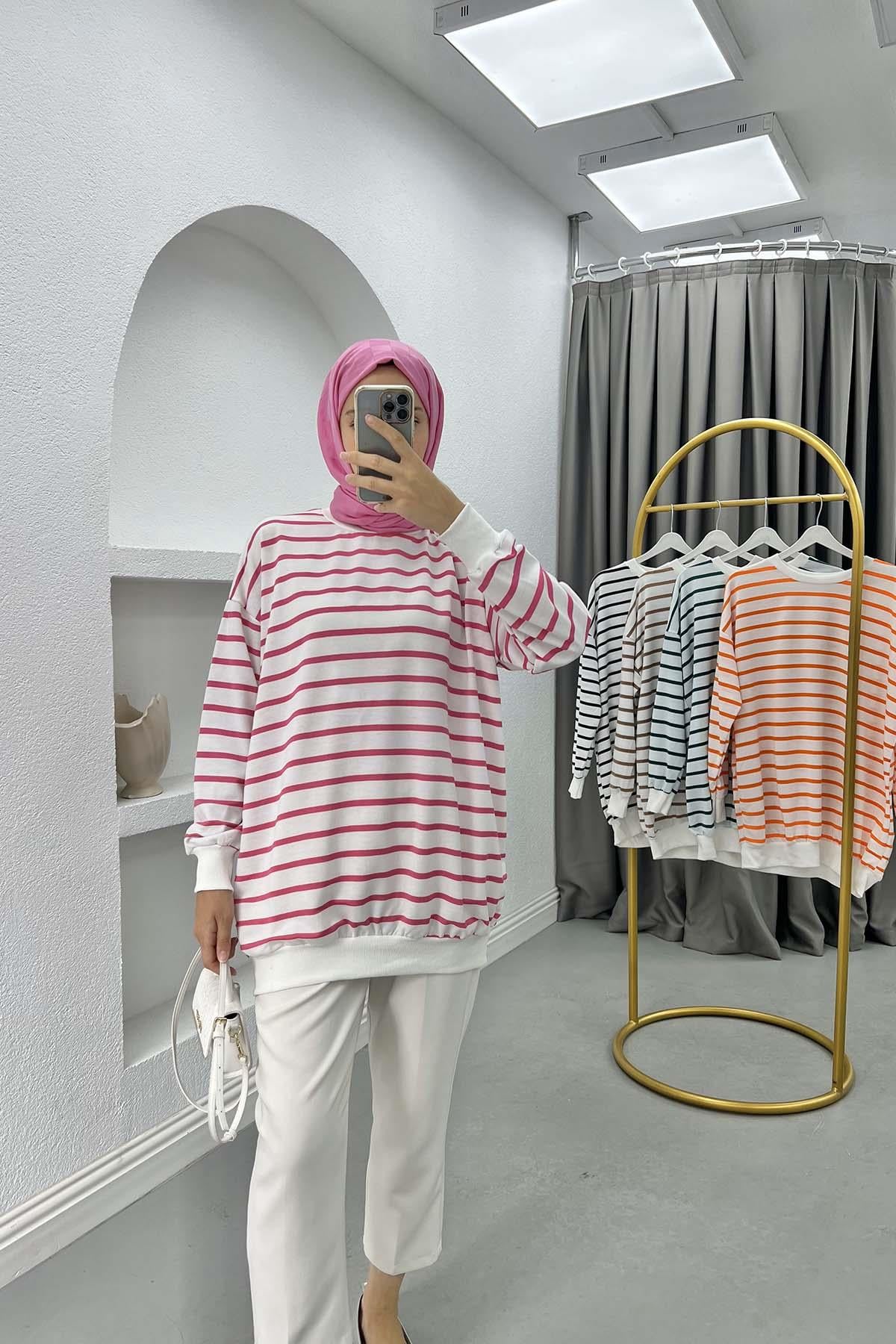 Çizgili Sweatshirt Fuşya