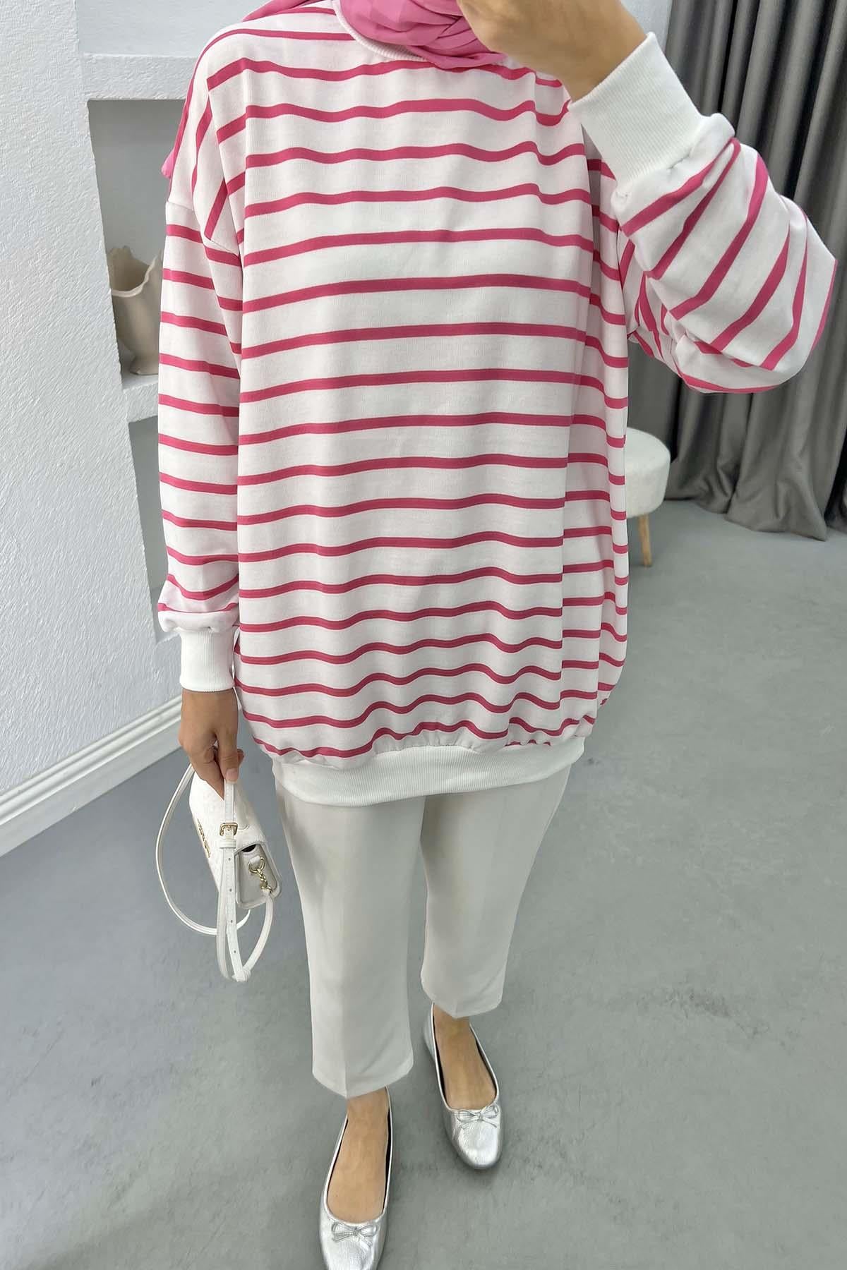Çizgili Sweatshirt Fuşya