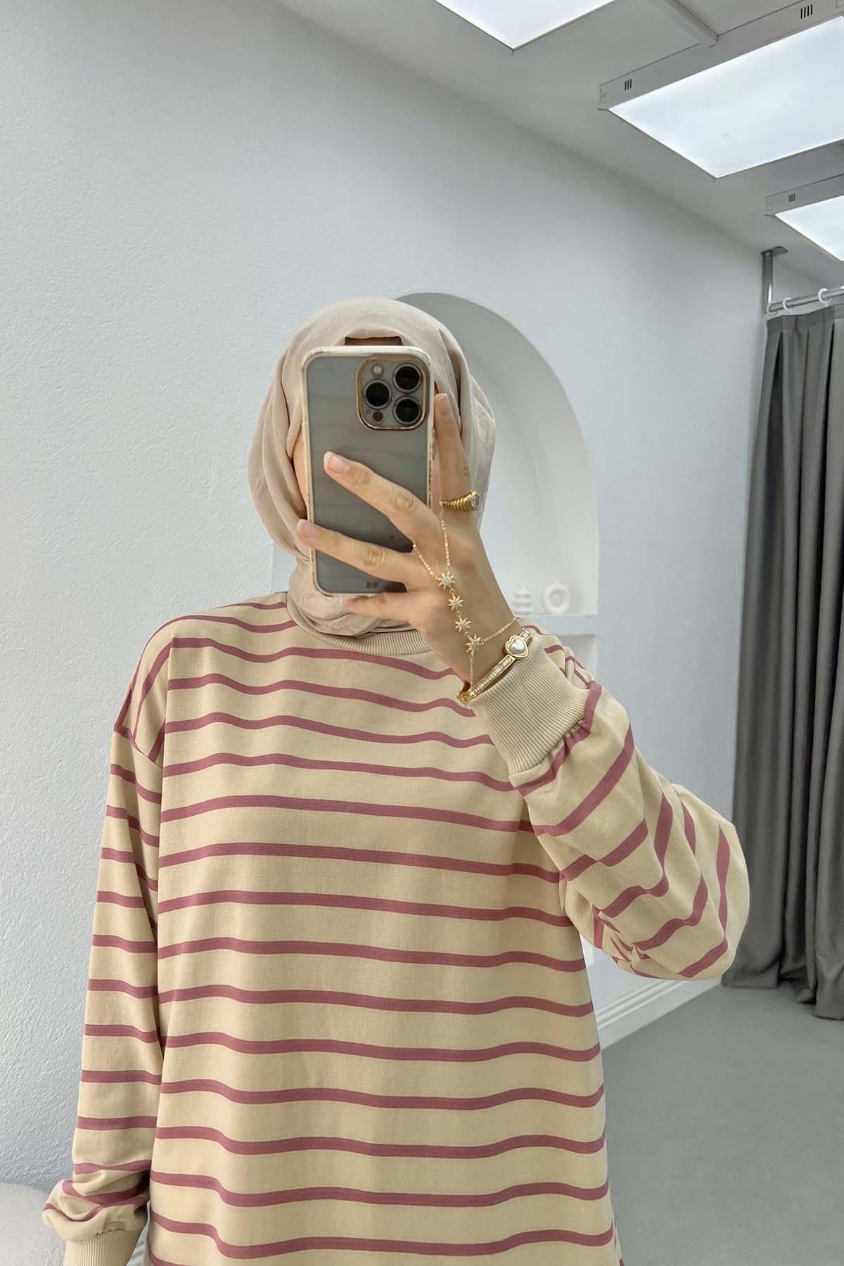 Çizgili Sweatshirt Gül Kurusu