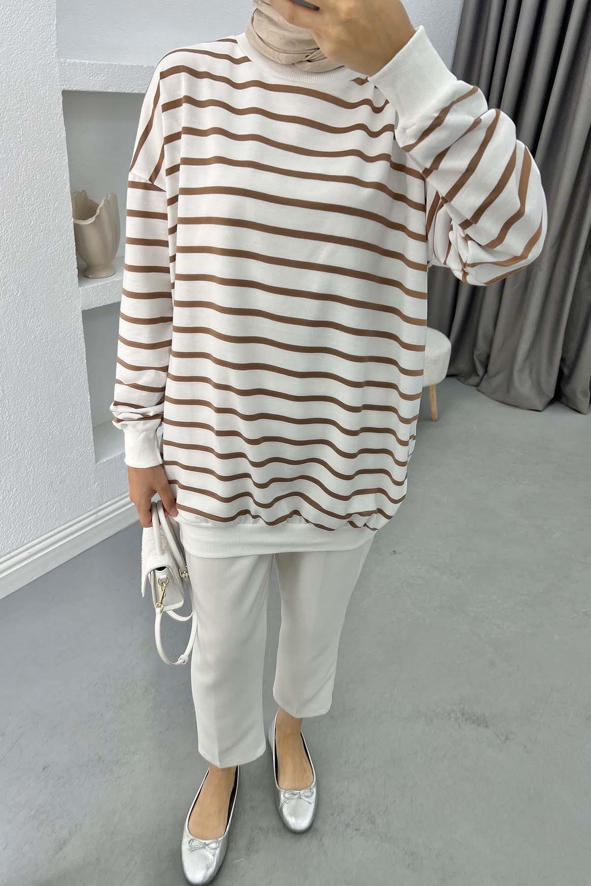 Çizgili Sweatshirt Kahve