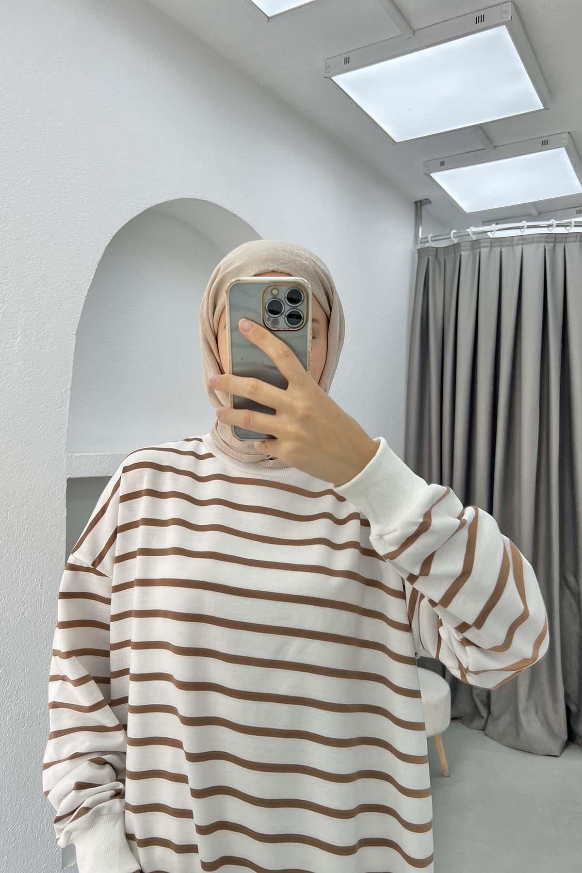 Çizgili Sweatshirt Kahve