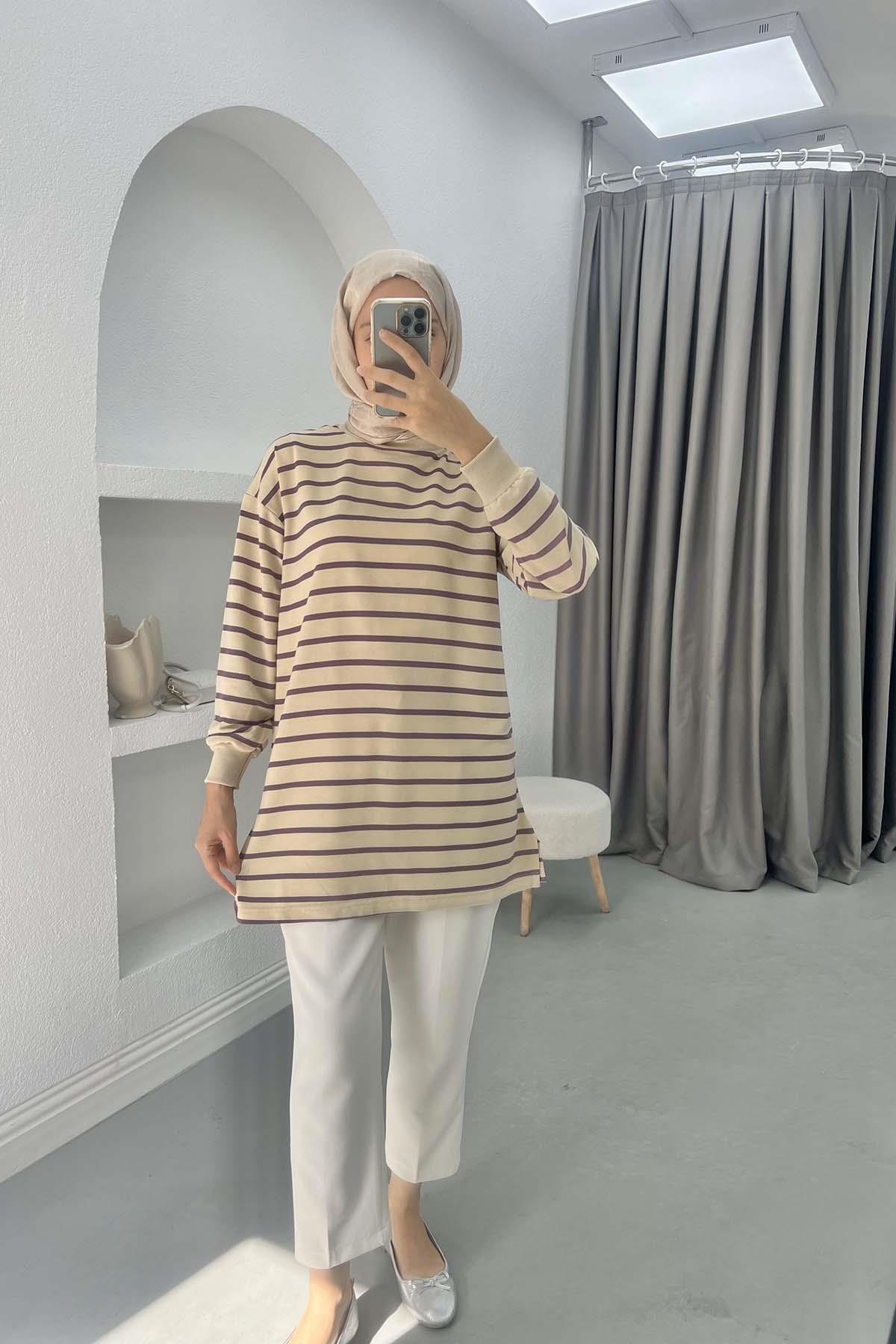 Çizgili Sweatshirt Mor