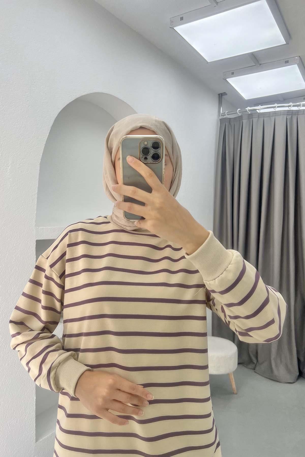 Çizgili Sweatshirt Mor
