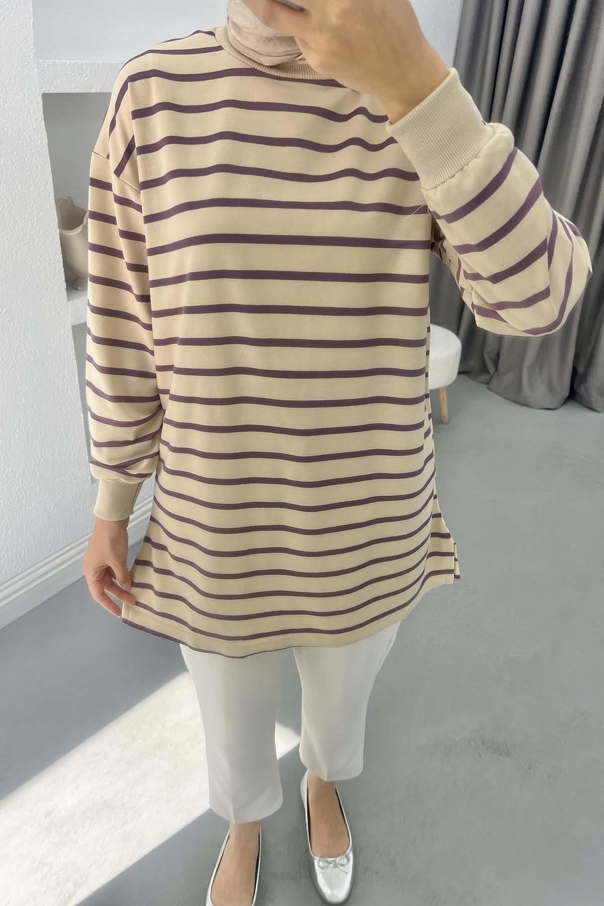 Çizgili Sweatshirt Mor