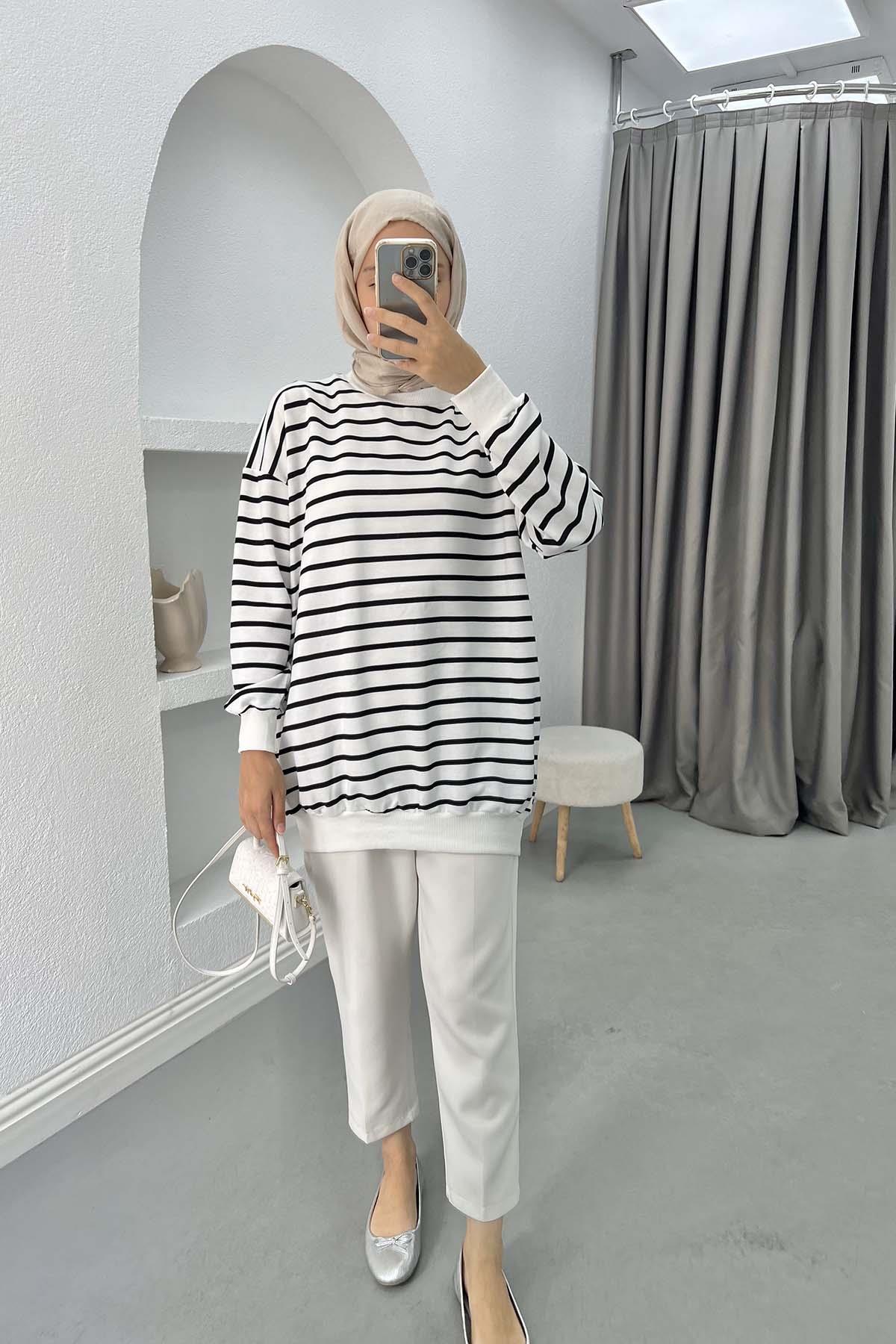 Çizgili Sweatshirt Siyah