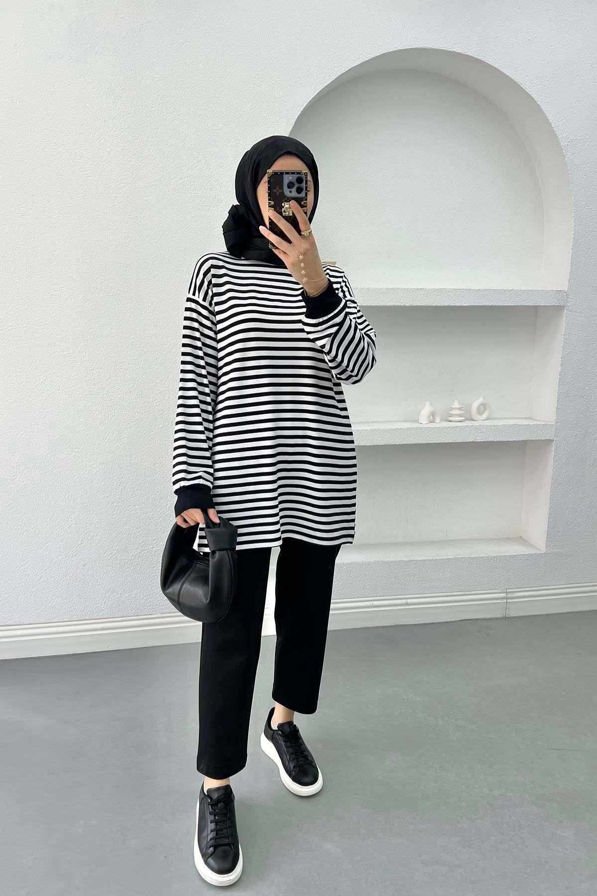 Çizgili Sweatshirt Siyah