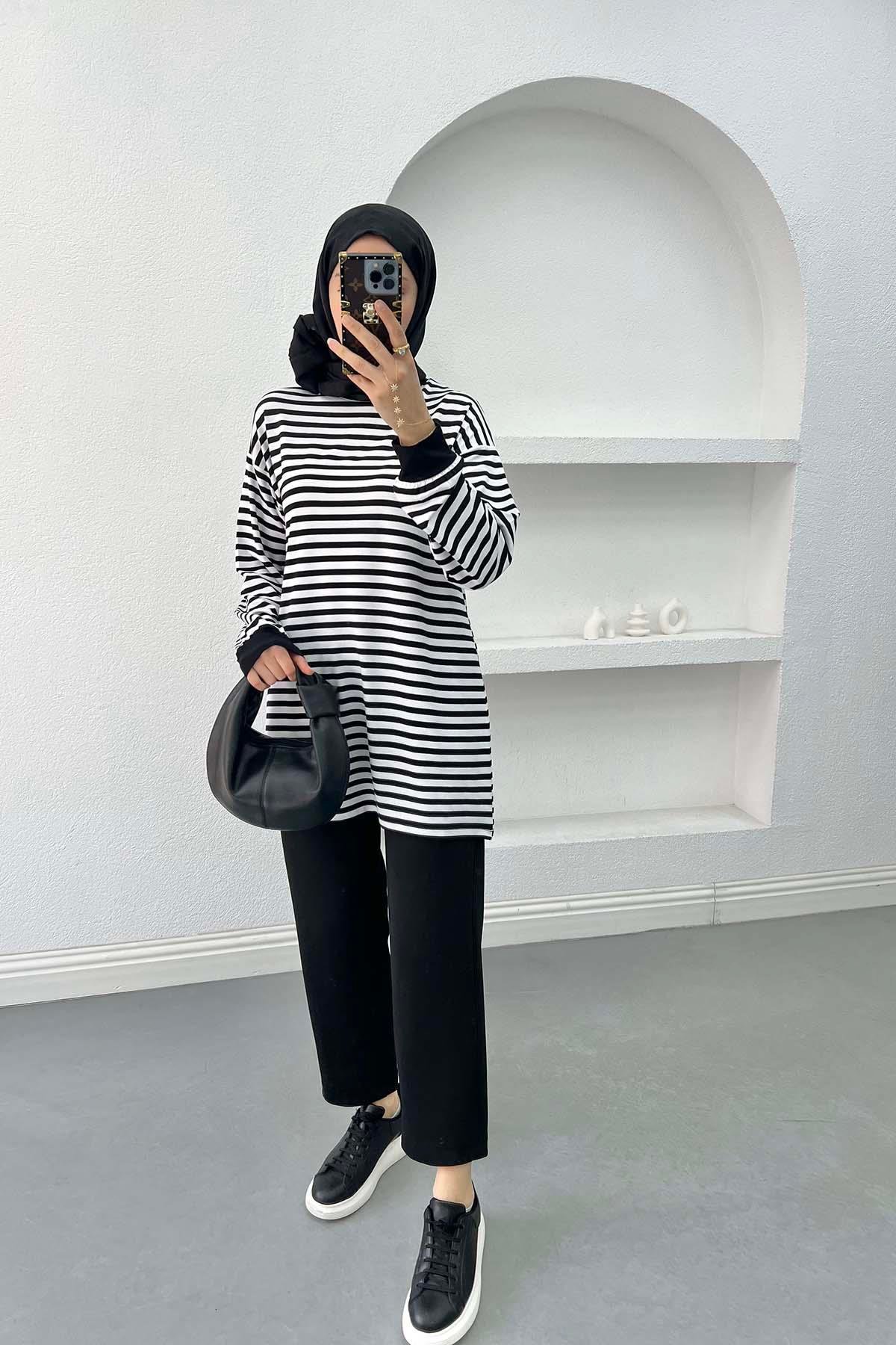 Çizgili Sweatshirt Siyah