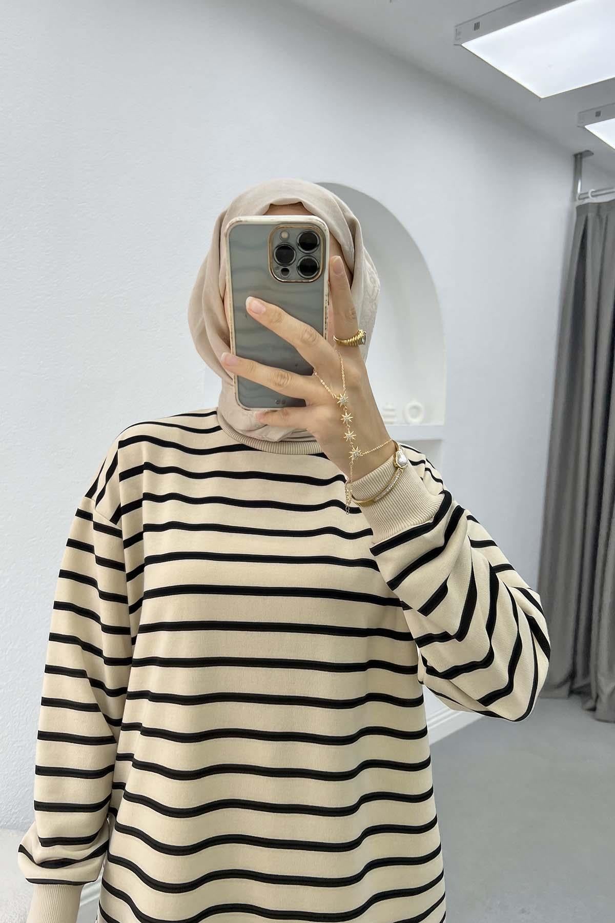 Çizgili Sweatshirt Siyah