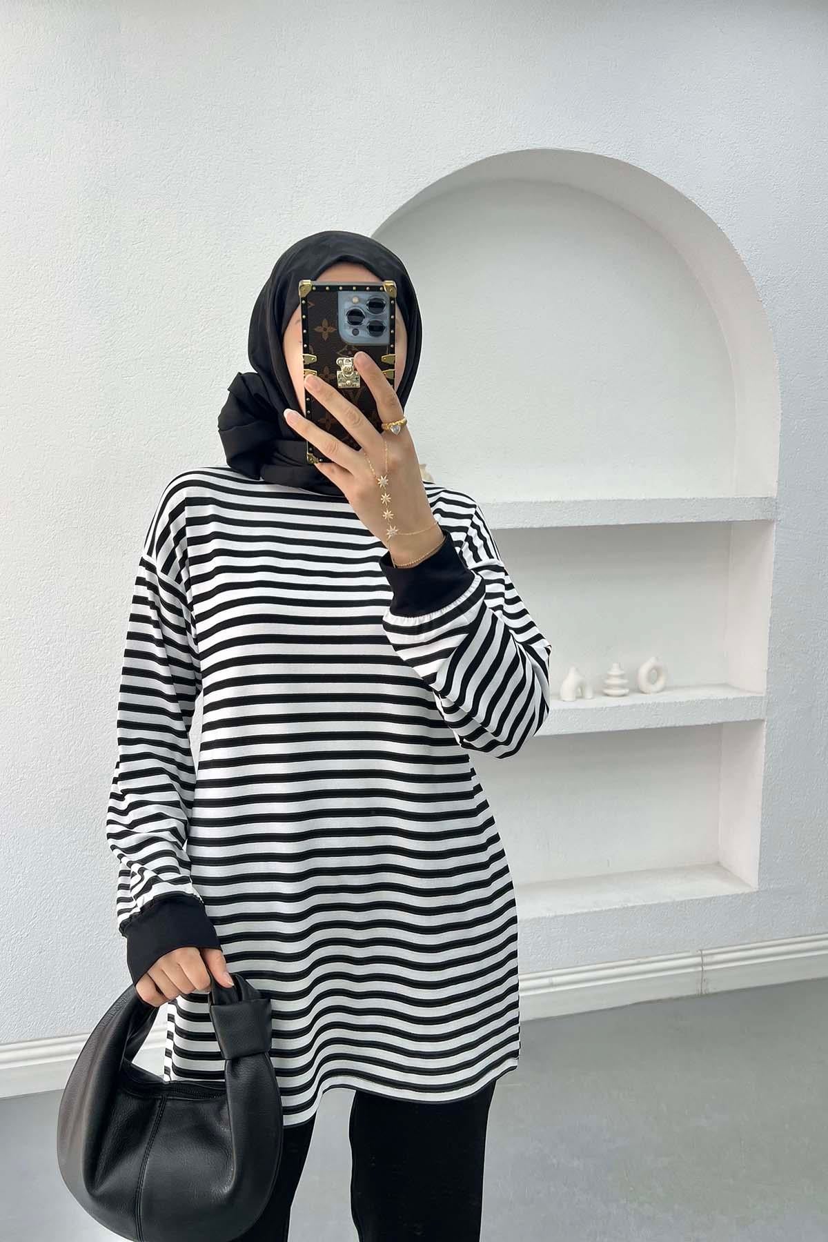 Çizgili Sweatshirt Siyah