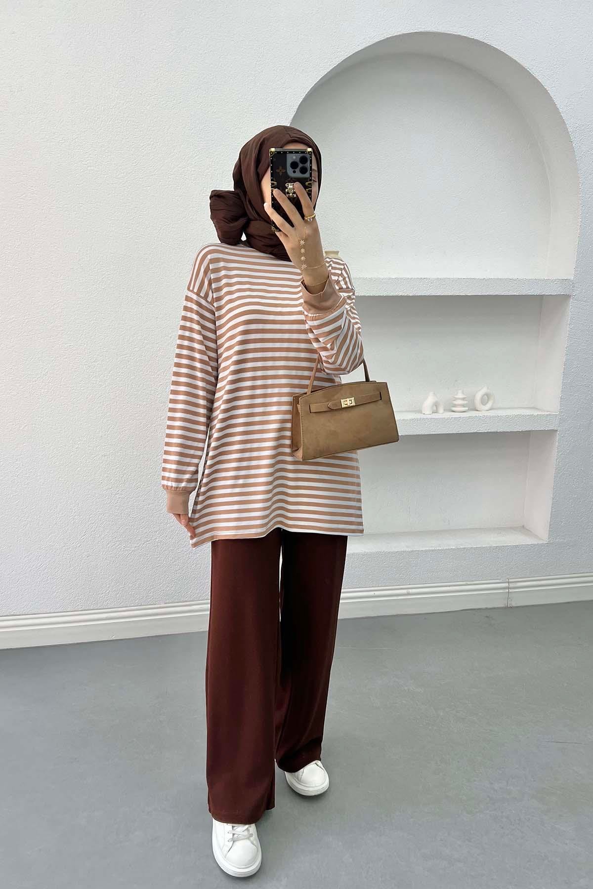 Çizgili Sweatshirt Sütlü Kahve