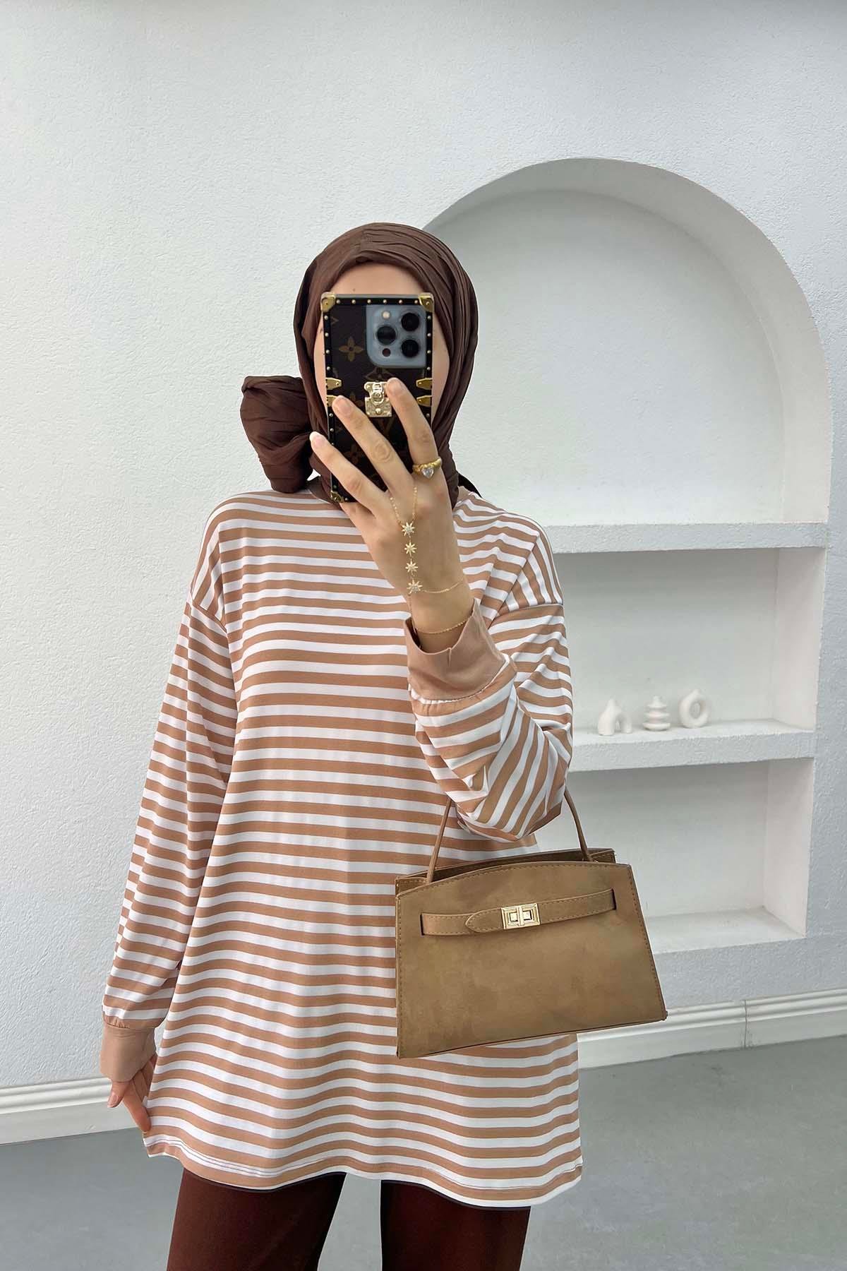 Çizgili Sweatshirt Sütlü Kahve