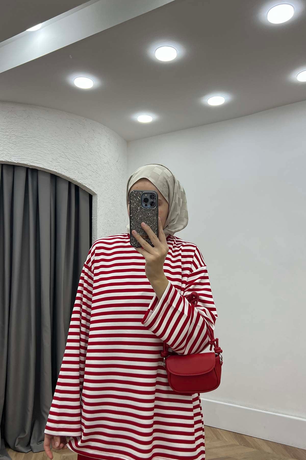 Çizgili Sweatshirt Takım Kırmızı