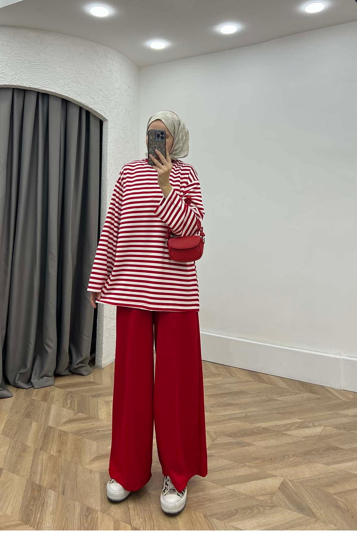 Çizgili Sweatshirt Takım Kırmızı