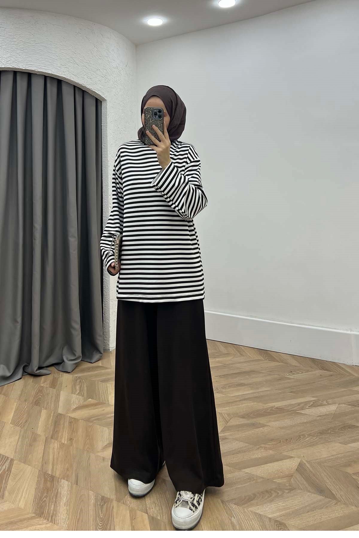 Çizgili Sweatshirt Takım Siyah
