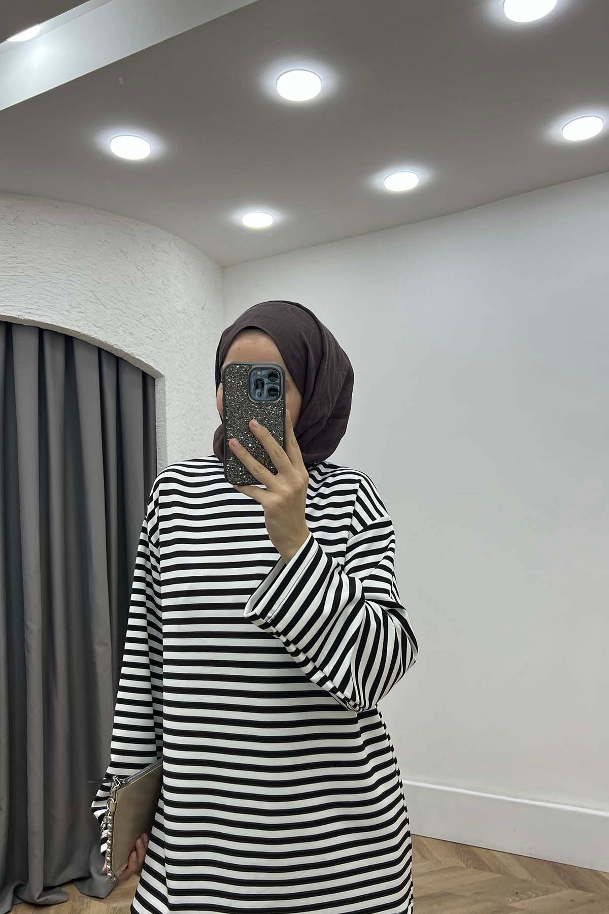 Çizgili Sweatshirt Takım Siyah