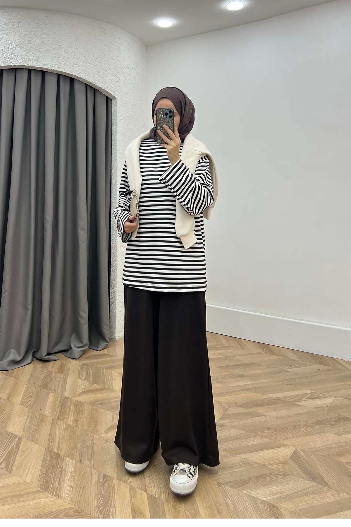 Çizgili Sweatshirt Takım Siyah