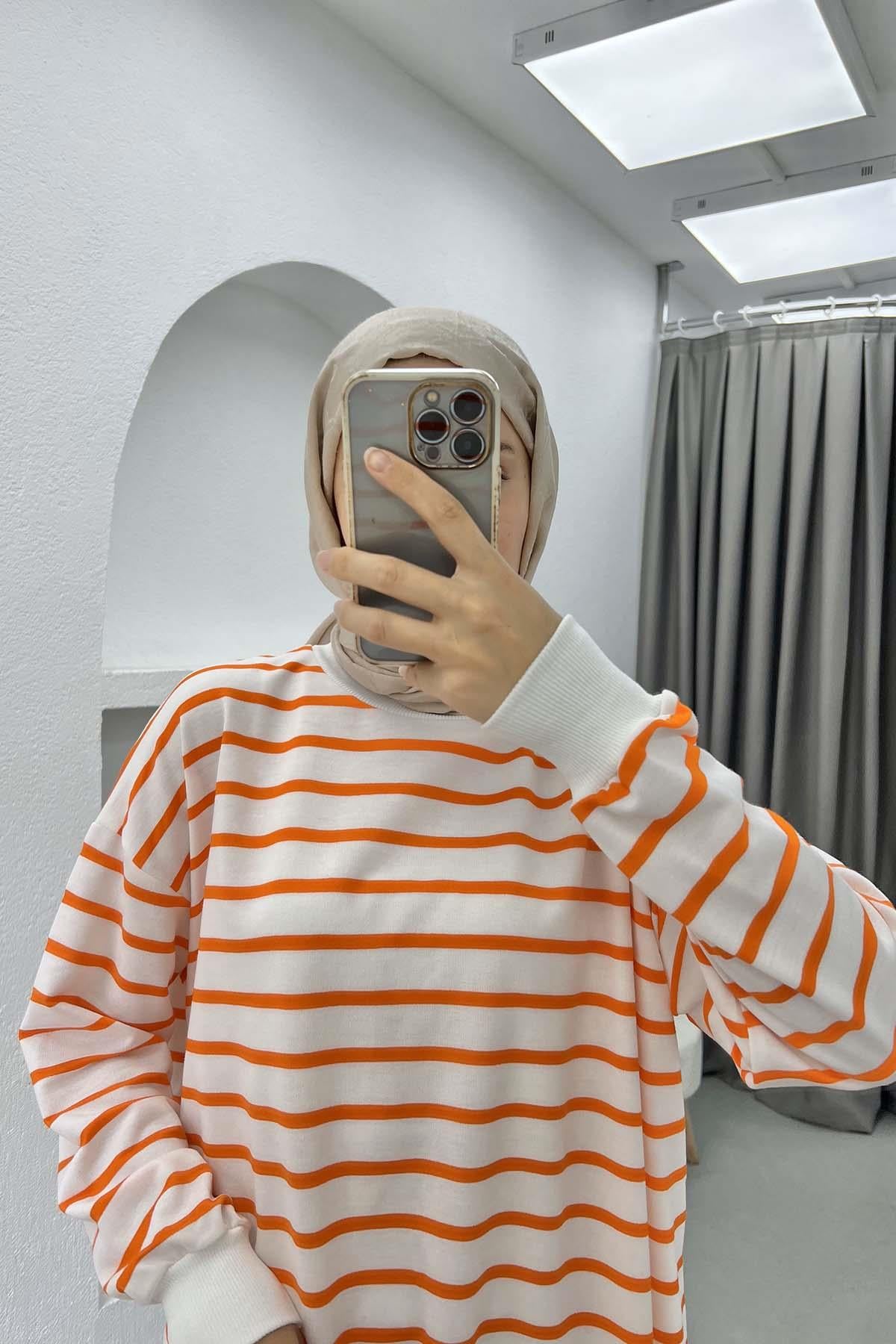 Çizgili Sweatshirt Turuncu
