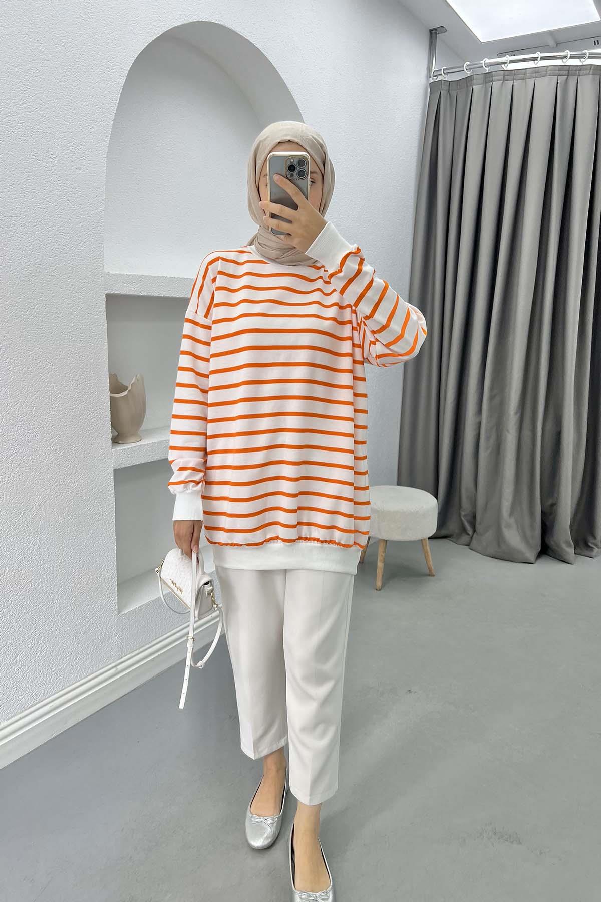 Çizgili Sweatshirt Turuncu