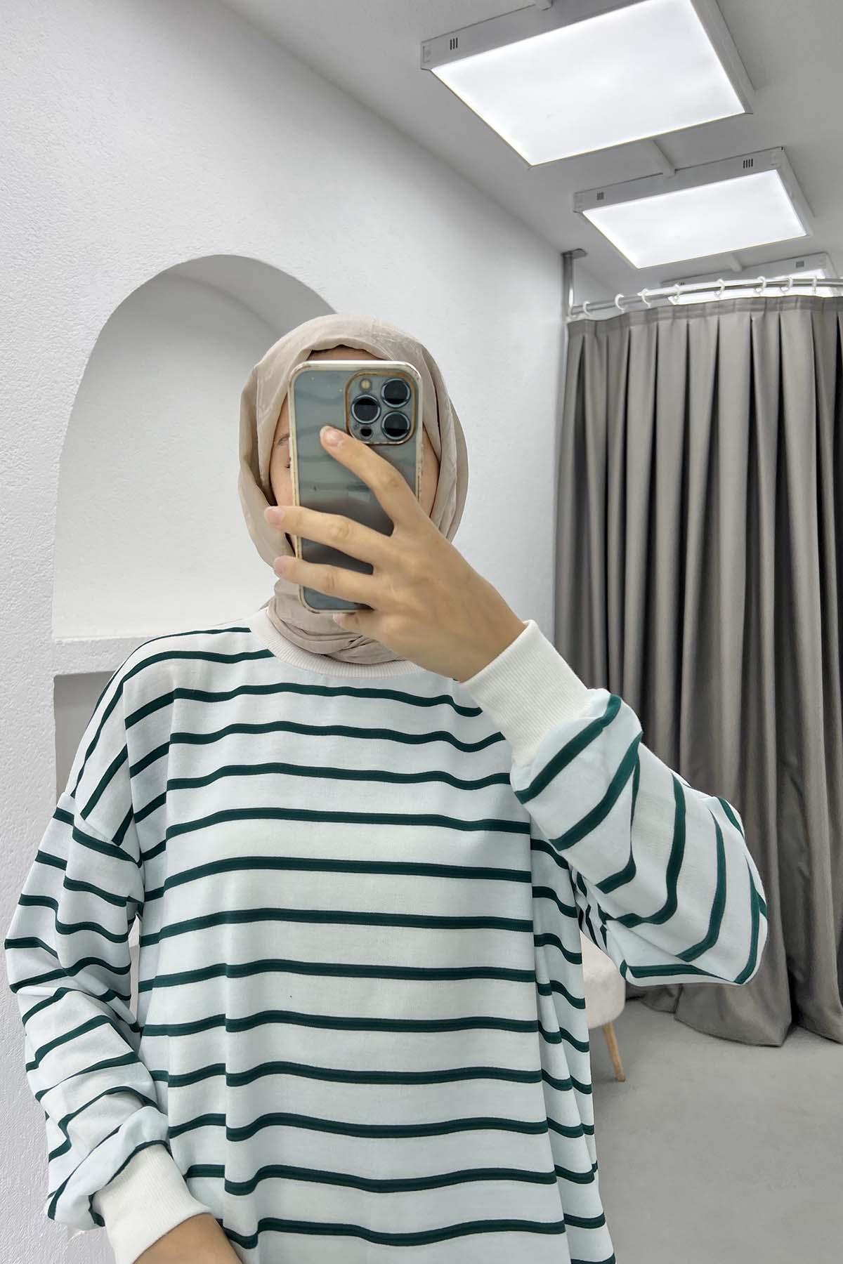 Çizgili Sweatshirt Zümrüt Yeşili