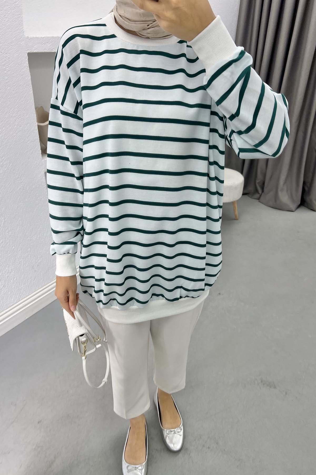 Çizgili Sweatshirt Zümrüt Yeşili