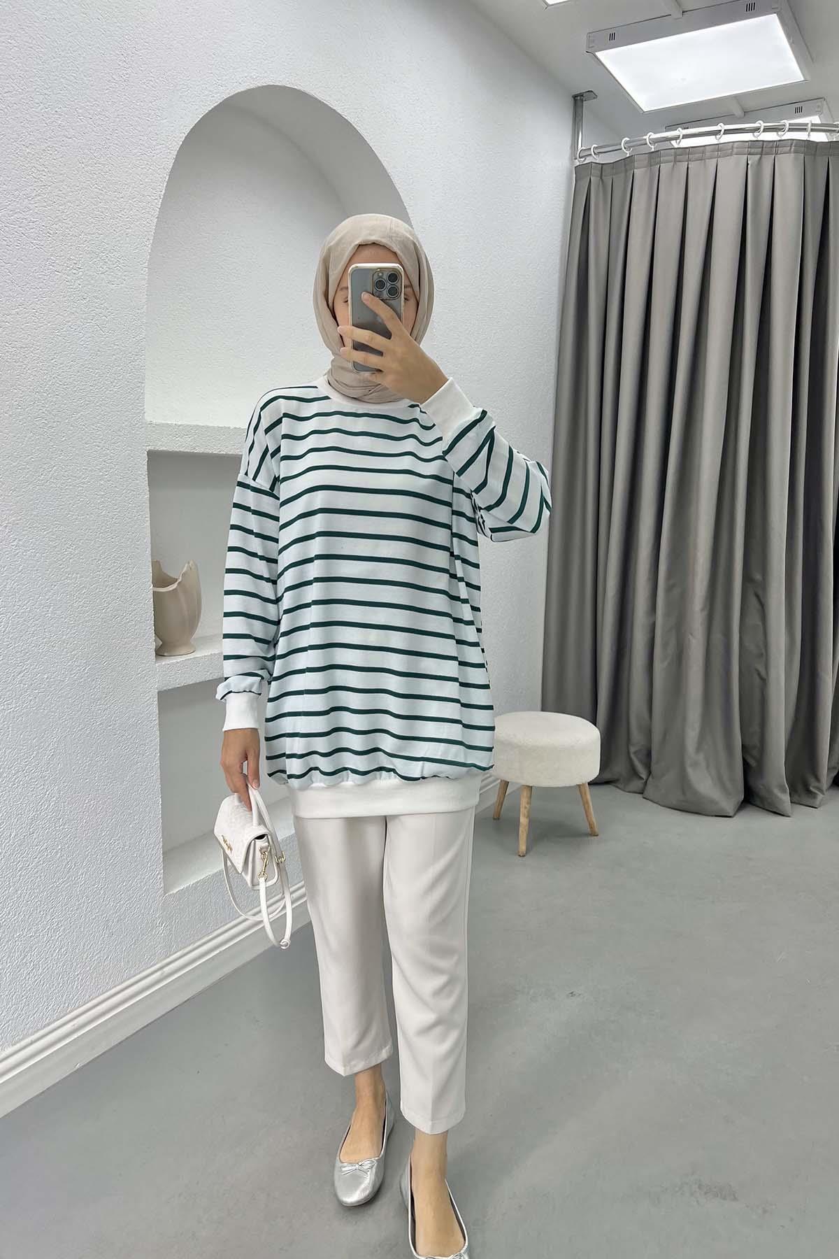 Çizgili Sweatshirt Zümrüt Yeşili