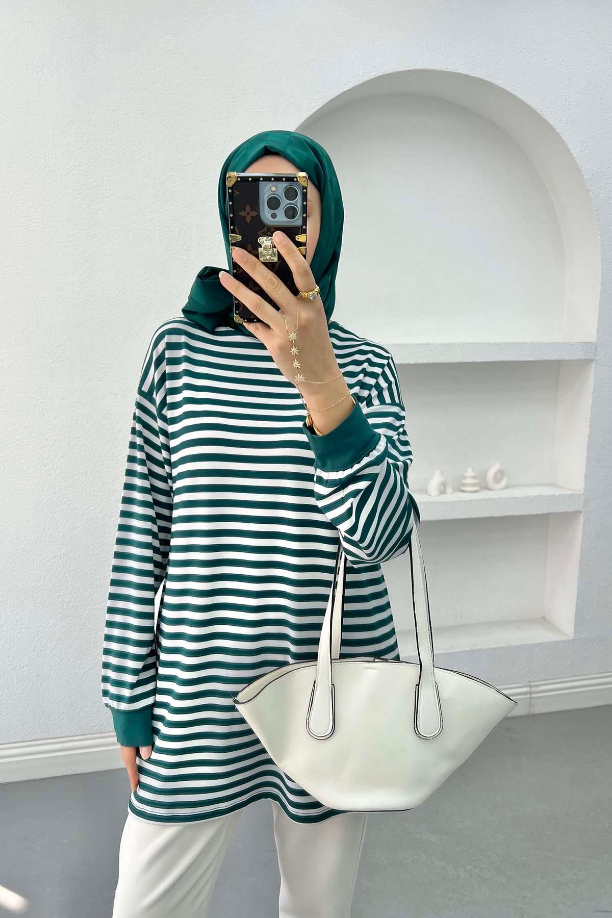 Çizgili Sweatshirt Zümrüt Yeşili