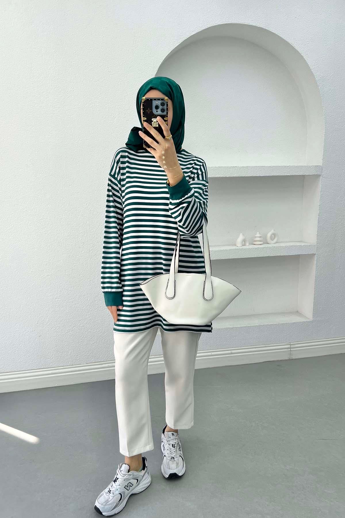 Çizgili Sweatshirt Zümrüt Yeşili