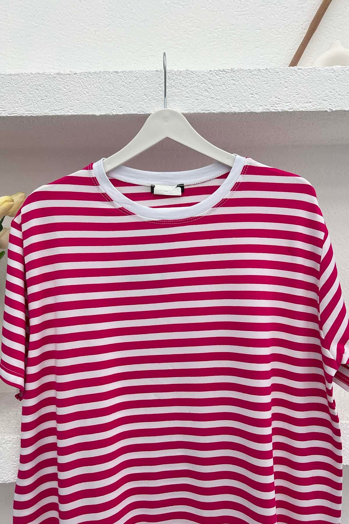 Çizgili T-Shirt Fuşya