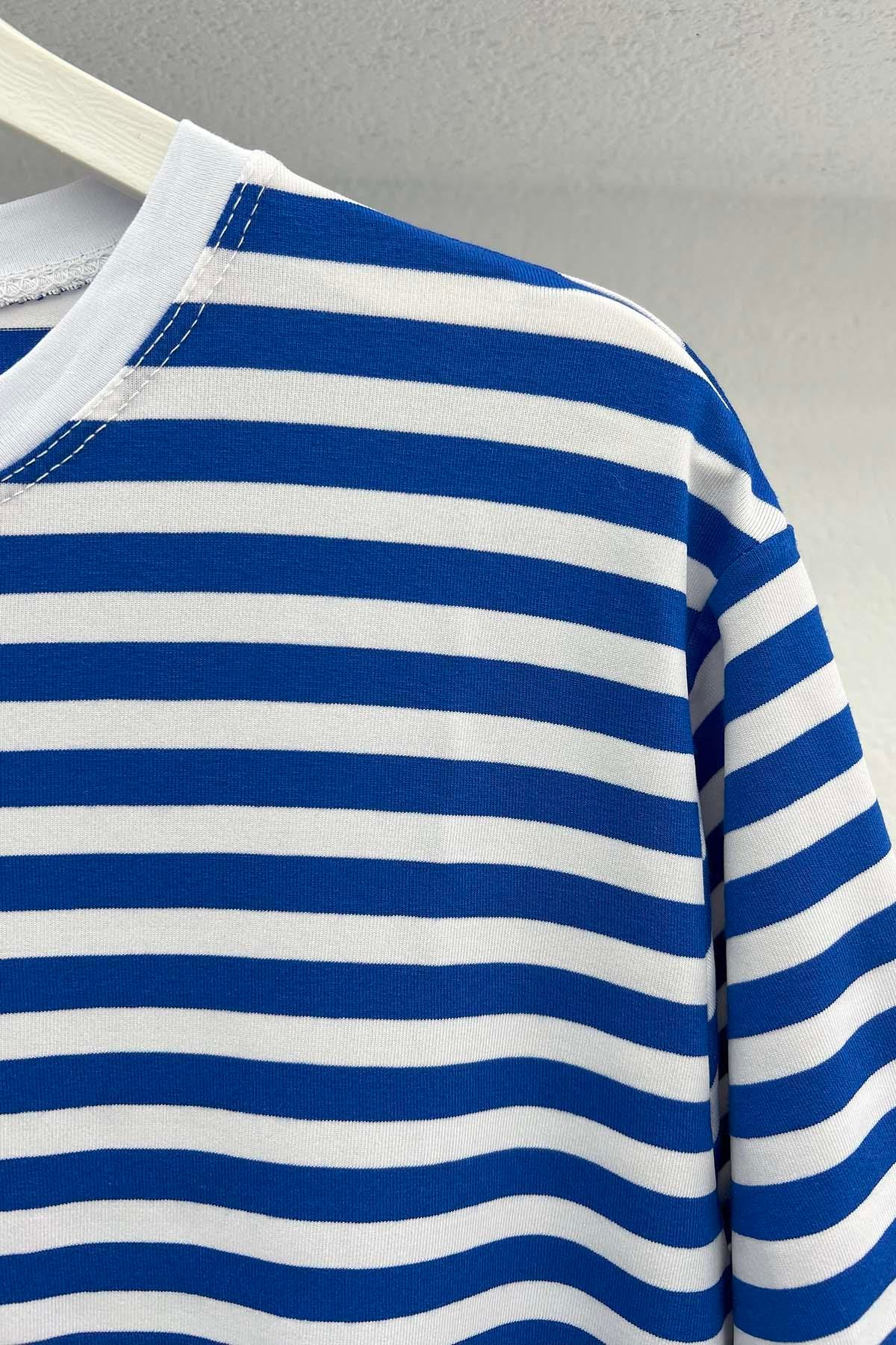 Çizgili T-Shirt Saks Mavi