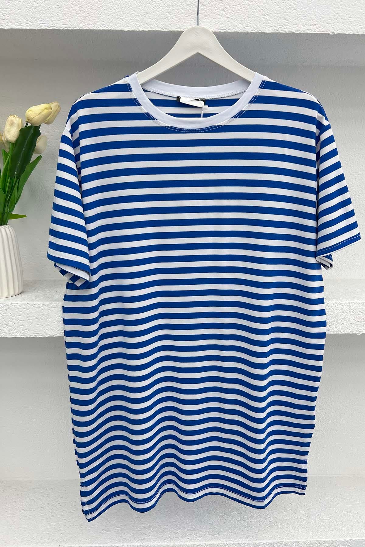 Çizgili T-Shirt Saks Mavi