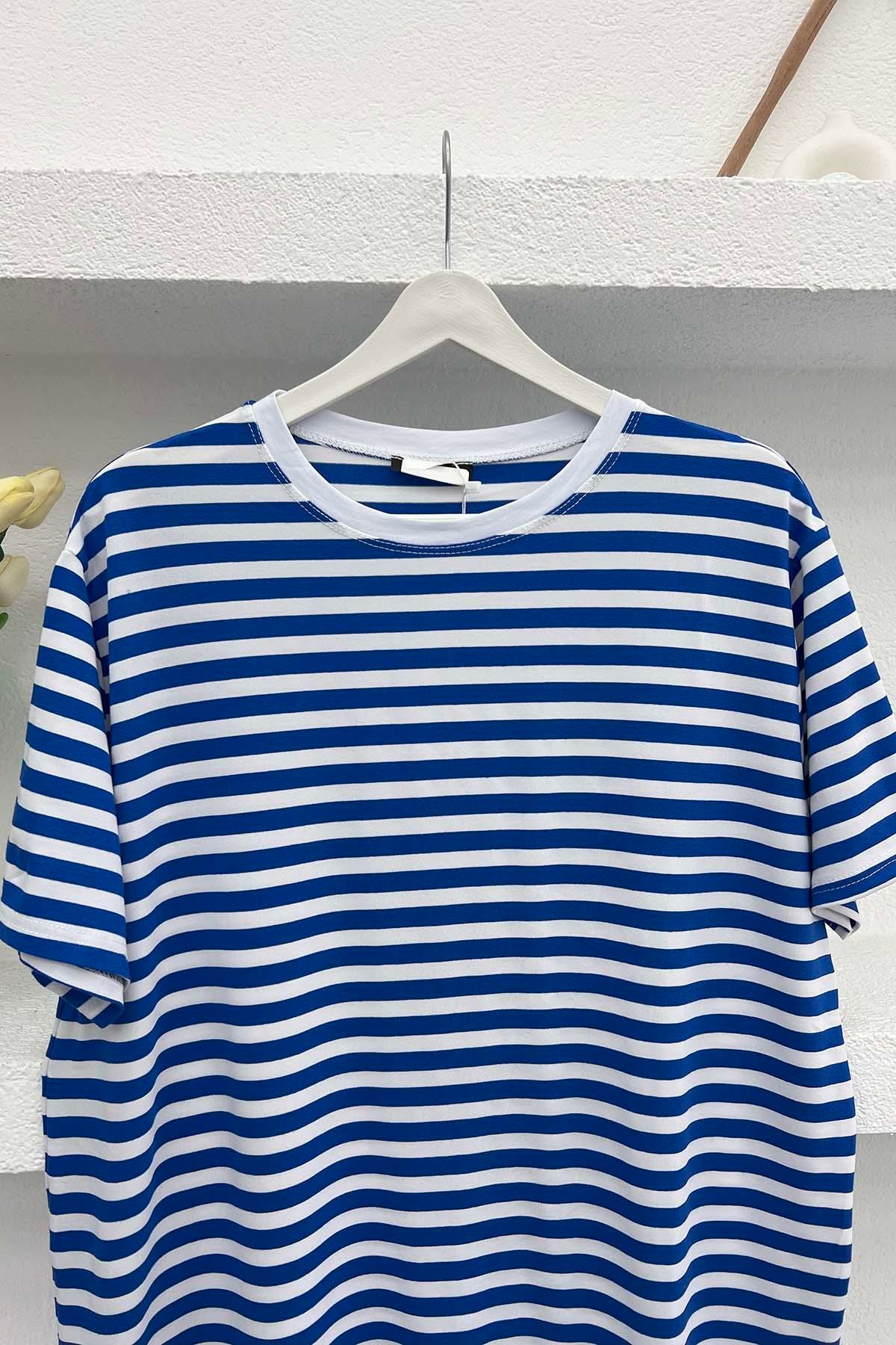 Çizgili T-Shirt Saks Mavi