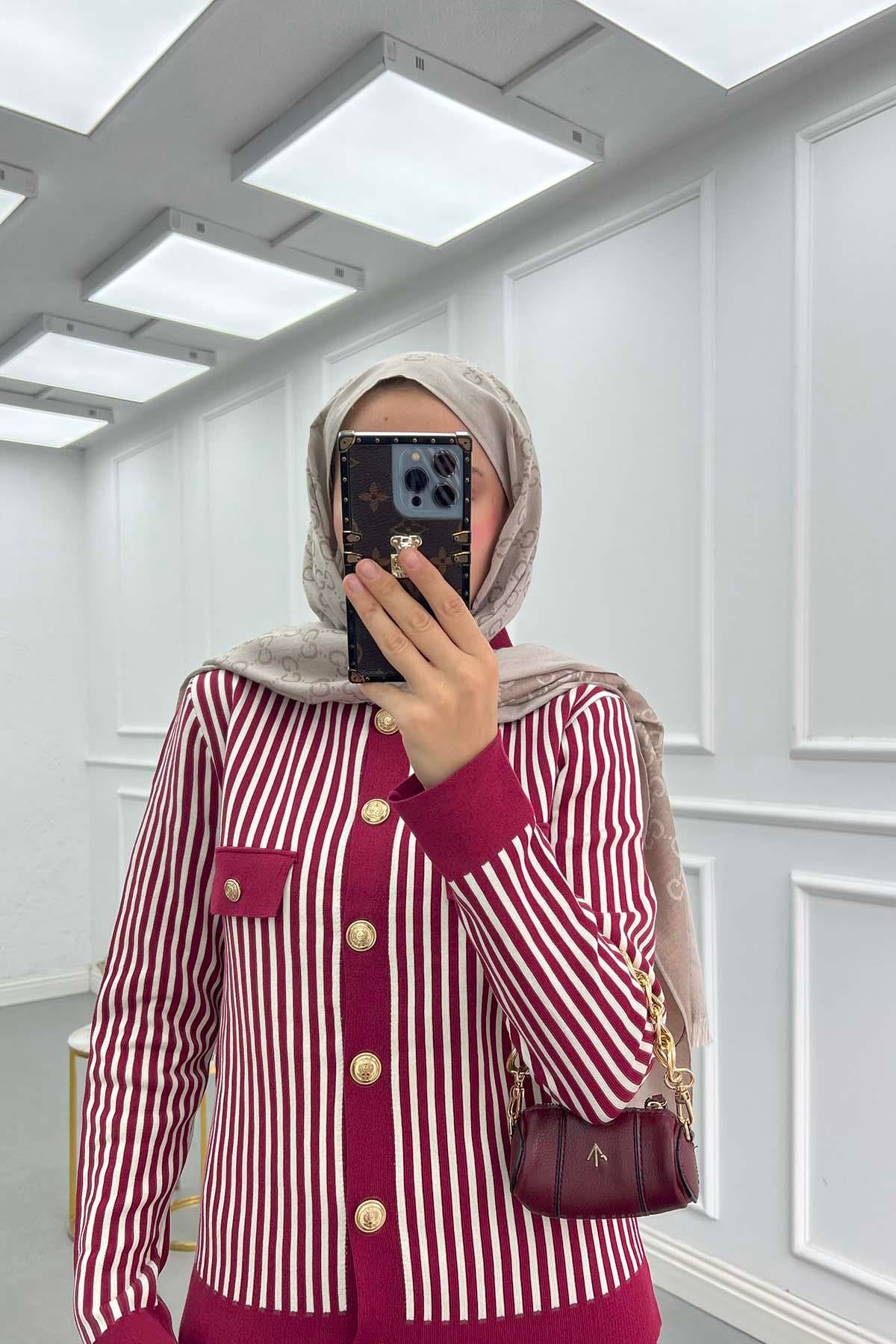 Çizgili Triko Etekli Takım Bordo
