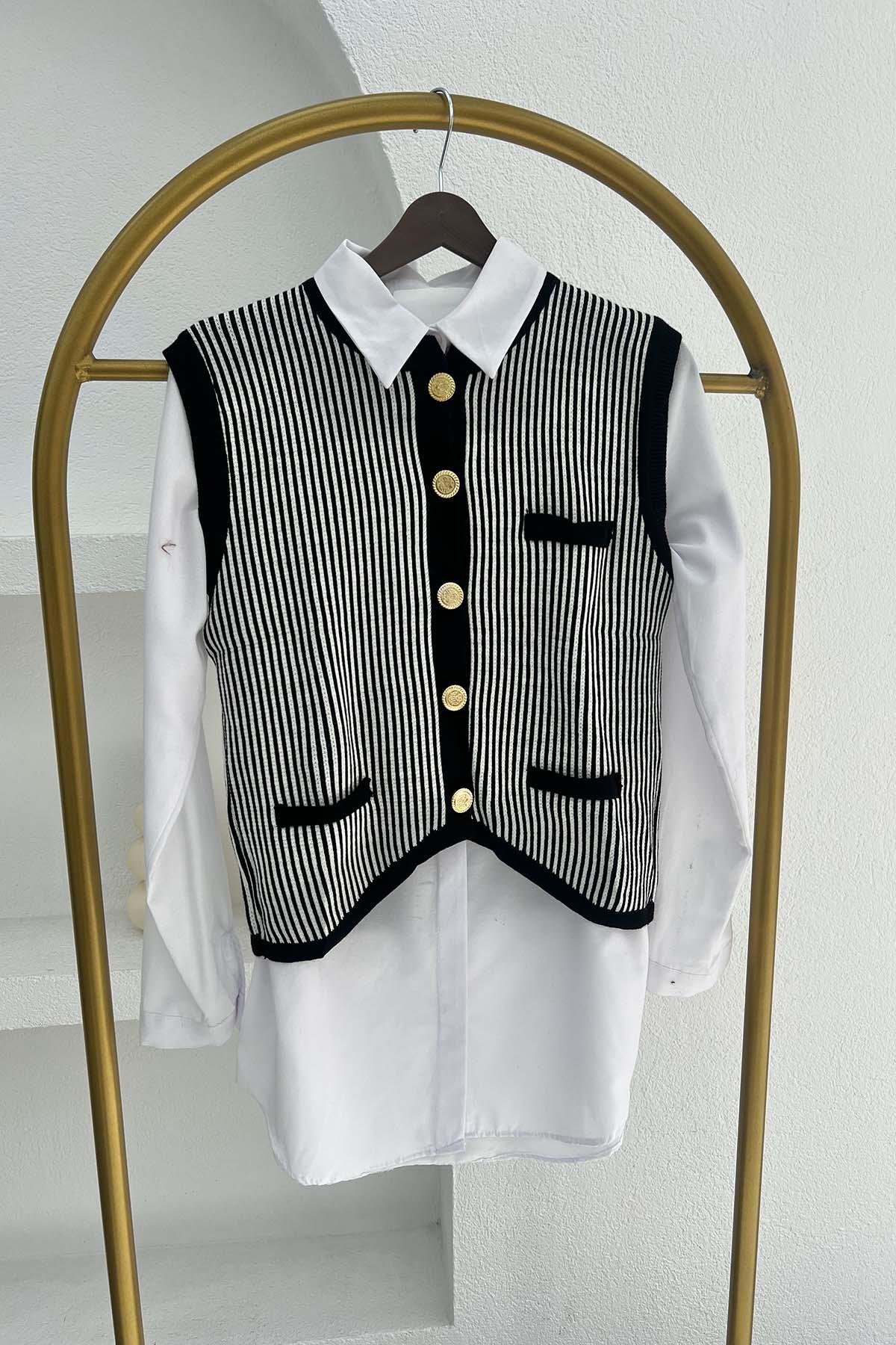 Çizgili Triko Yelek Siyah