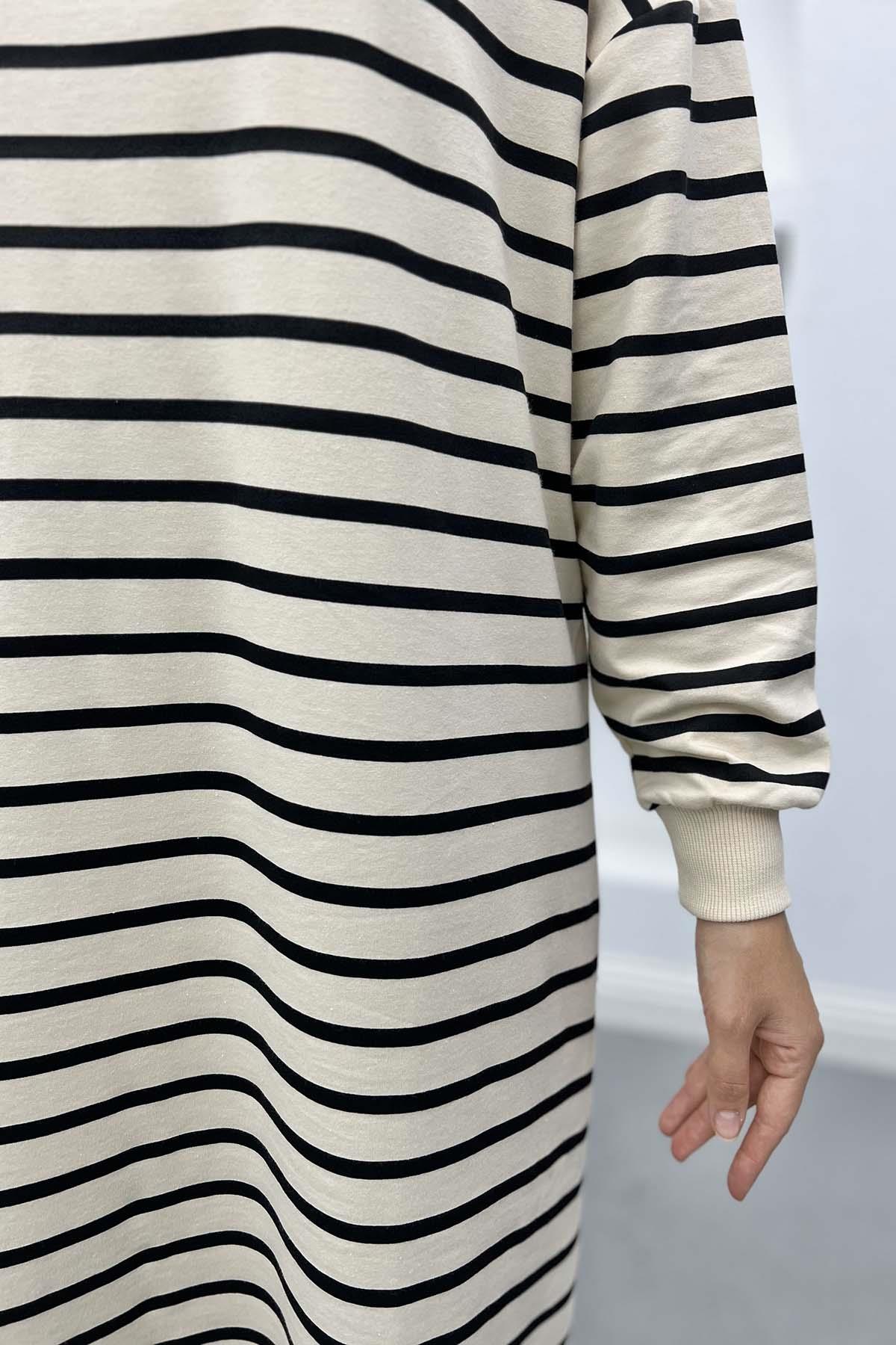 Çizgili Uzun Sweatshirt Siyah