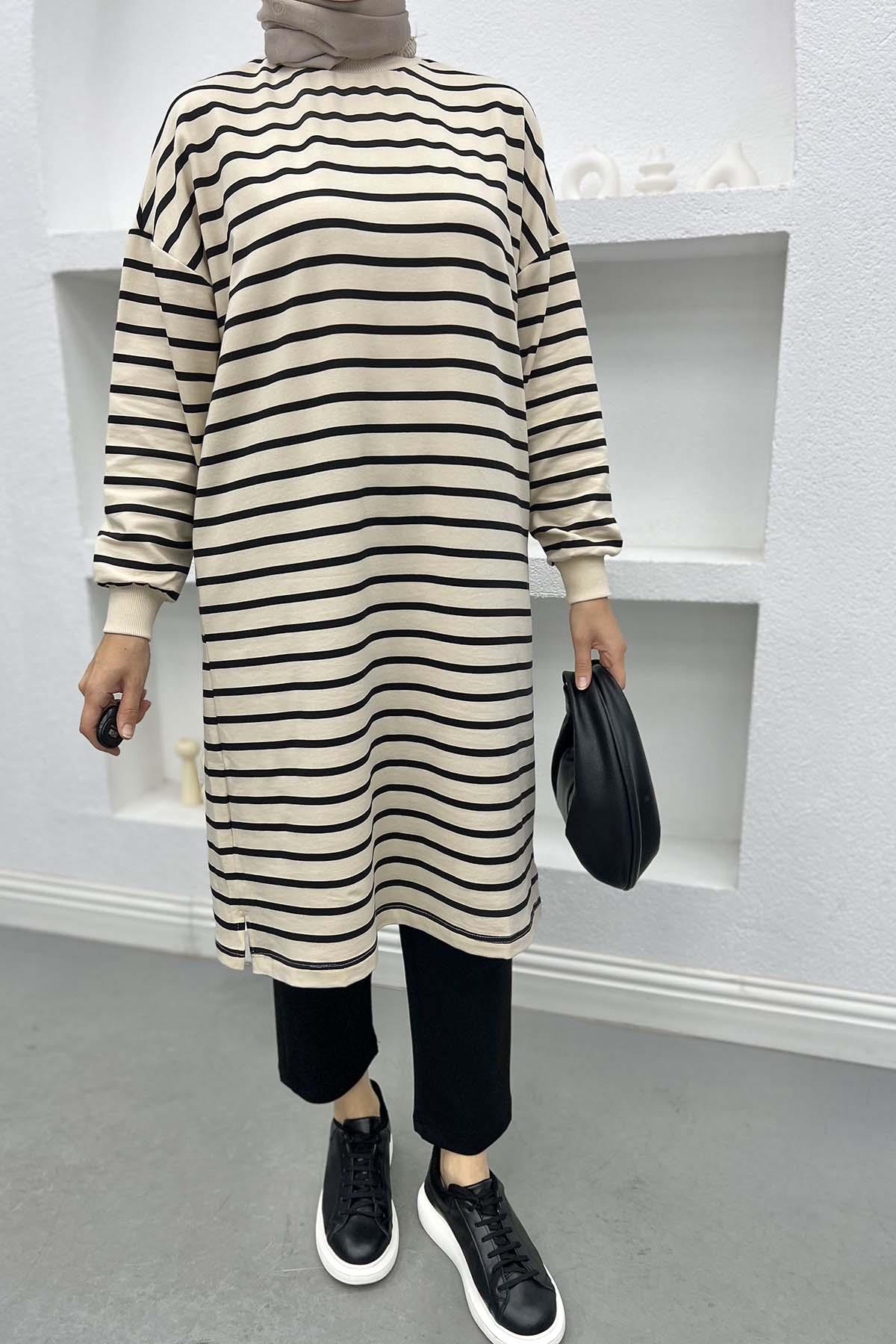 Çizgili Uzun Sweatshirt Siyah